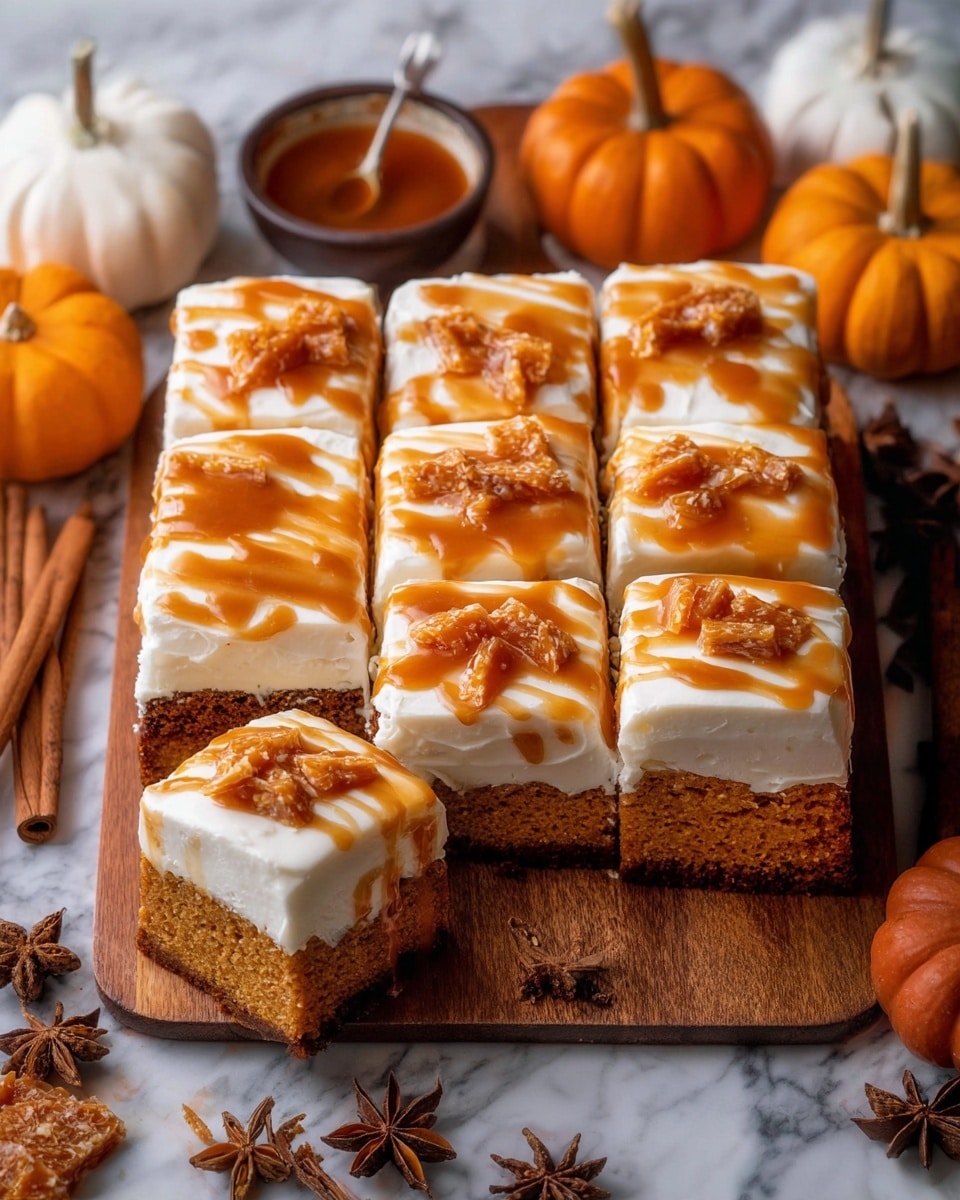 A square cake cut into 16 equal pieces showing three layers: the bottom layer is a moist brownish-orange pumpkin cake, the middle layer is thick white frosting, and the top layer is drizzled with amber caramel sauce and sprinkled with crunchy caramel shards. One piece is slightly pulled away, showing the thick frosting between the cake and the caramel. The cake is on a wooden board with small white pumpkins, cinnamon sticks, and star anise decorations around, all set on a white marbled surface. Photo taken with an iphone --ar 4:5 --v 7