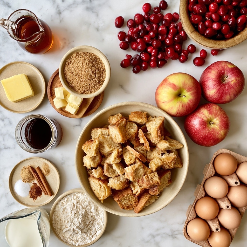 The image shows a top view of various cooking ingredients arranged neatly on a white marbled surface. In the center, there is a large beige bowl filled with many pieces of light brown bread chunks that have a rough texture. To the right of the bowl, there are three red and yellow apples with smooth skin placed close together. Below the apples is a brown carton holding ten light brown eggs. Surrounding the bread bowl on the left side are smaller dishes and containers: a small beige plate with a square of yellow butter, a wooden plate with more butter cubes, a glass jar with dark vanilla liquid, a beige bowl filled with light brown brown sugar, a small dish with white salt and ground cinnamon and nutmeg spices, and a beige bowl of white flour. On the bottom left, there is a glass measuring cup filled with milk. Near the upper right corner, there is a wooden bowl full of shiny red cranberries with some scattered around it. Near the top left is a small glass pitcher with amber maple syrup. Each item is clearly labeled with simple text. Photo taken with an iphone --ar 4:5 --v 7