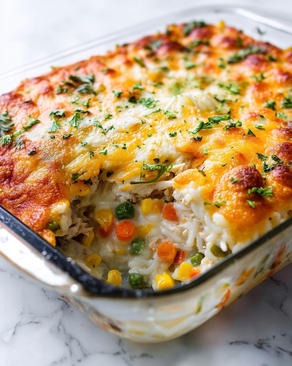 The image shows a glass baking dish with a layered casserole. The top layer is golden brown melted cheese sprinkled with green herbs, giving a crispy and slightly bubbly texture. Below the cheese, the creamy mixture has visible pieces of white rice, small green beans, orange carrots, yellow corn, and other vegetables mixed with shredded chicken. The casserole looks soft and moist inside, with layers of melted cheese on top and a mix of colorful vegetables and chicken underneath. The dish is sitting on a white marbled surface. photo taken with an iphone --ar 4:5 --v 7