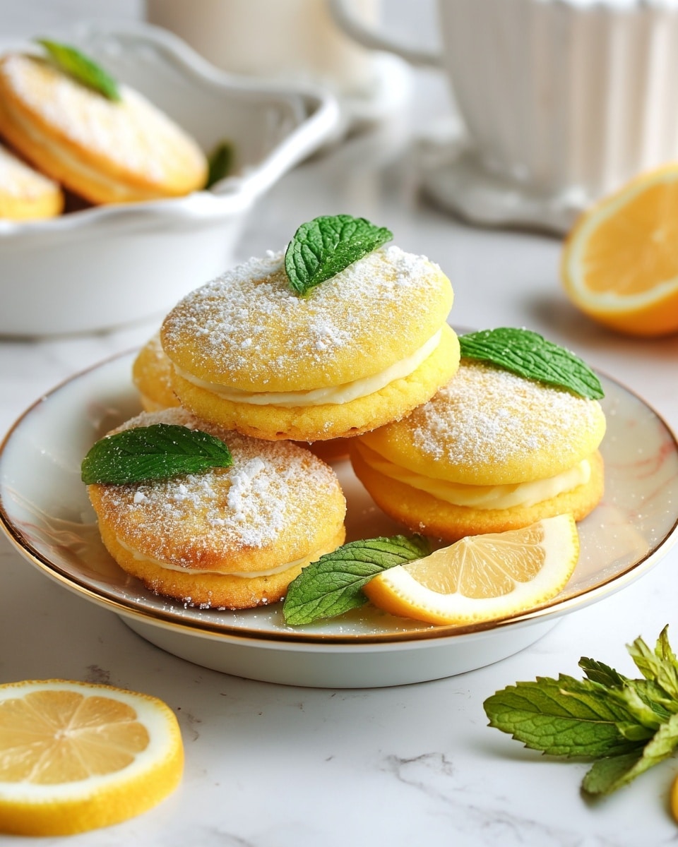 The image shows several lemon-shaped cookies stacked in pairs, with a light yellow color and a dusting of powdered sugar on top. Each cookie pair has two small green mint leaves tucked under the top cookie, resembling a lemon's leaves. The cookies rest on a white round plate with a thin gold trim around the edge, which sits on a white marbled surface. Around the plate, there are fresh lemon slices and wedges arranged casually, adding bright yellow and light green colors to the scene. In the background, a white candle and part of a white dish with more cookies are visible, enhancing the fresh and clean presentation. photo taken with an iphone --ar 4:5 --v 7
