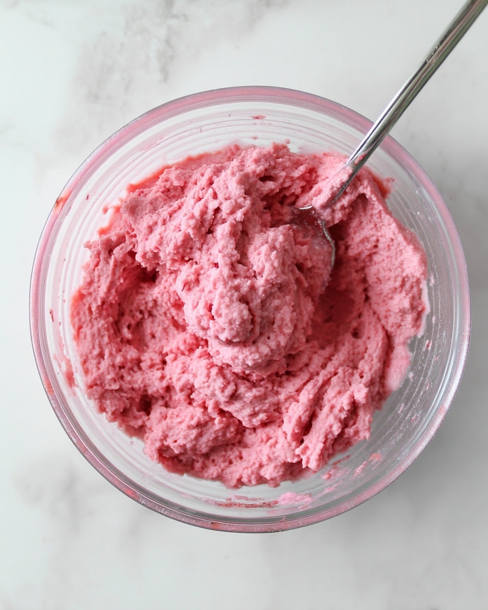 A clear glass bowl filled with a thick, rough-textured pink mixture. The mixture looks creamy but with small lumps and uneven surface, showing a soft, whipped consistency. A metal spoon is partially dipped into the mixture on the right side, with some of the pink mix sticking to it. The bowl sits on a white marbled surface. photo taken with an iphone --ar 4:5 --v 7