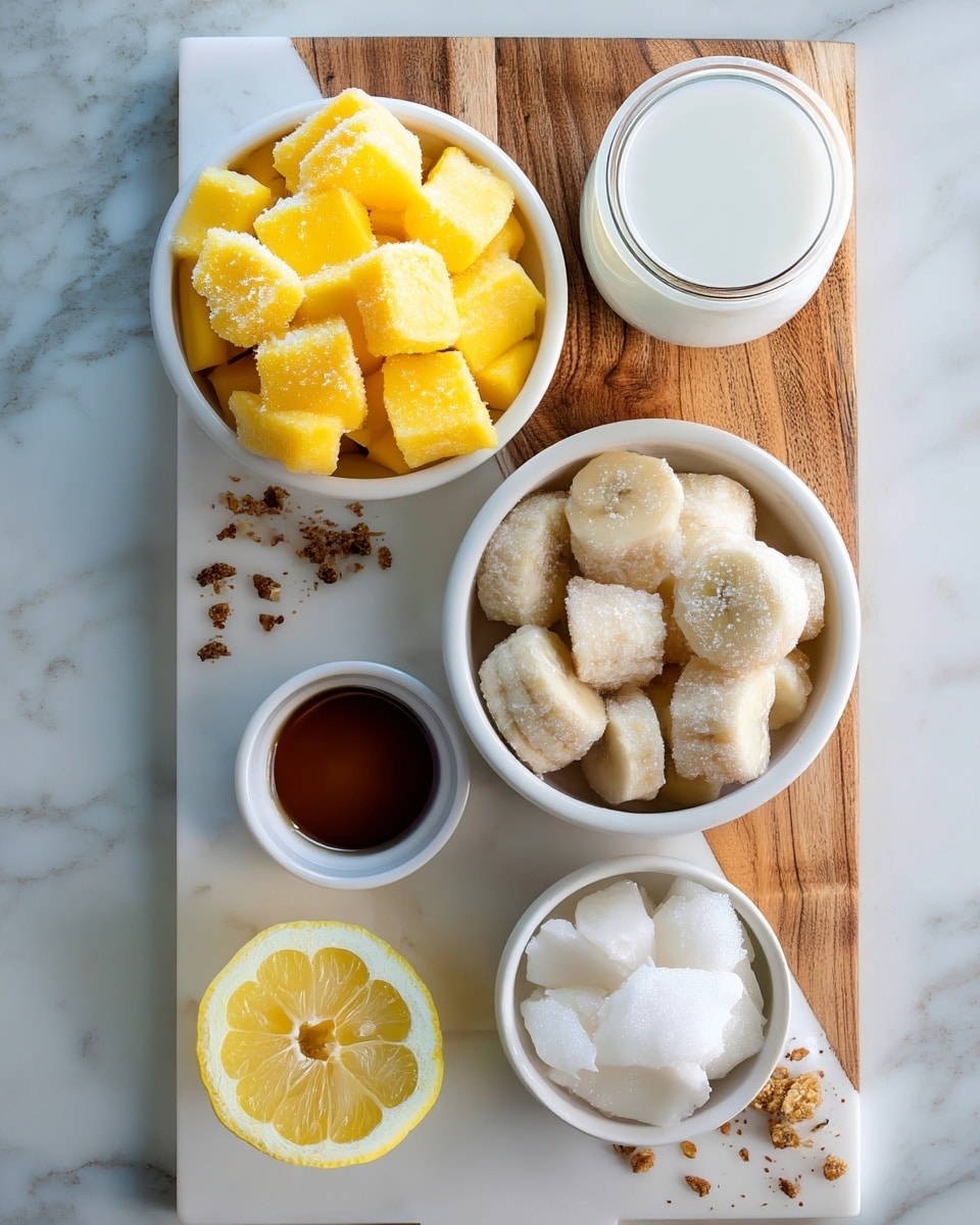The image shows a white marbled board with a wooden strip running vertically on the top right side. On the board, there are four white bowls arranged in a loose circle. The top left bowl is filled with frozen bright yellow mango chunks with frosty edges. To the right of this bowl, on the wooden strip, there is a clear glass jar filled with a white liquid. Below the jar, a bowl holds frozen banana slices, pale cream in color with a frosty surface. At the bottom right, another bowl contains irregular white frozen coconut pieces with frost on them. Below the mango bowl, resting on the white marble, there is a small white bowl with dark amber syrup. To the bottom left, half of a lemon slice is visible with a bright yellow outer peel and pale yellow inside. Small scattered bits of granola are sprinkled lightly on the white marble surface near the bowls. The photo taken with an iphone --ar 4:5 --v 7