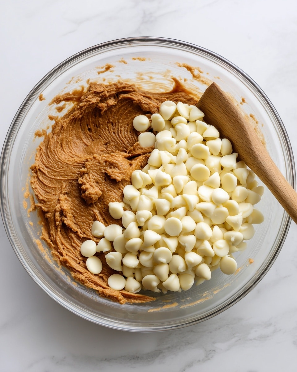 A clear glass bowl sits on a white marbled surface, filled with two distinct layers of ingredients side by side. On the left side, there is a thick, brown dough mixture that looks smooth and slightly textured. On the right side, there are many small, creamy white chocolate chips piled neatly, creating a soft contrast against the brown dough. A wooden and black spatula rests beside the bowl. photo taken with an iphone --ar 4:5 --v 7