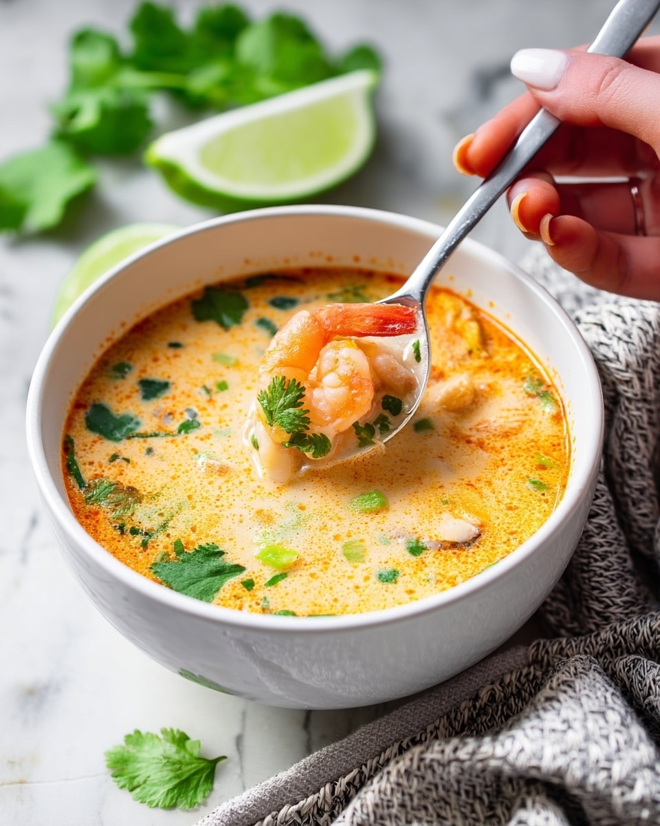 A white bowl filled with creamy light orange soup with visible shrimp pieces, green herbs, and small bits of vegetables floating on the surface, garnished with fresh green cilantro leaves. A spoon lifted by a woman's hand holds a shrimp and some herbs above the soup. The bowl sits on a white marbled surface with lime wedges and more cilantro in the background, along with a grey textured cloth near the bowl. Photo taken with an iphone --ar 4:5 --v 7