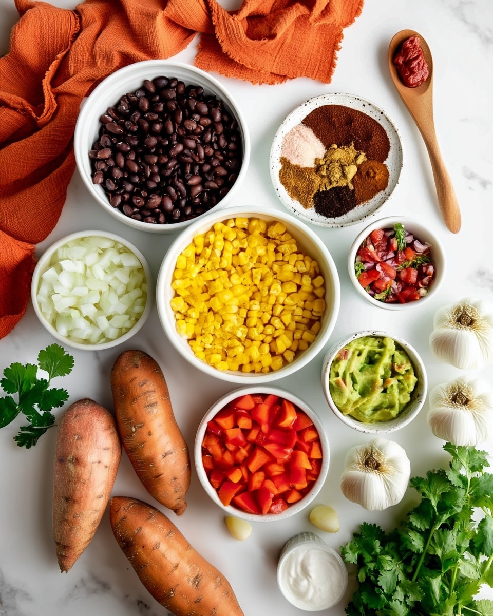 The image shows an arrangement of fresh and colorful food ingredients on a white marbled surface. There is a white bowl filled with dark black beans in the top left corner. Next to it on the right is a small white speckled plate holding six piles of different powders and spices in various shades of brown, red, and green. Above and to the right is a wooden spoon with a bright red paste on it. Below the beans bowl are finely chopped white onions in a small white bowl. A larger white bowl filled with bright yellow corn kernels is placed near the center. To the right of the corn are two smaller white bowls, one with fresh red tomato and onion salsa with green bits, and the other with creamy green guacamole. At the bottom left corner, there are four whole sweet potatoes, and nearby is a vibrant bunch of green cilantro leaves. To the right of the sweet potatoes is a white bowl with chopped red bell peppers. Scattered around are cloves of garlic, a whole garlic bulb, and a small white bowl holding thick white sour cream. A crumpled orange cloth is placed in the top left corner. The whole setup looks neat and fresh, arranged in a way to show the variety of ingredients used in the recipe photo taken with an iphone --ar 4:5 --v 7