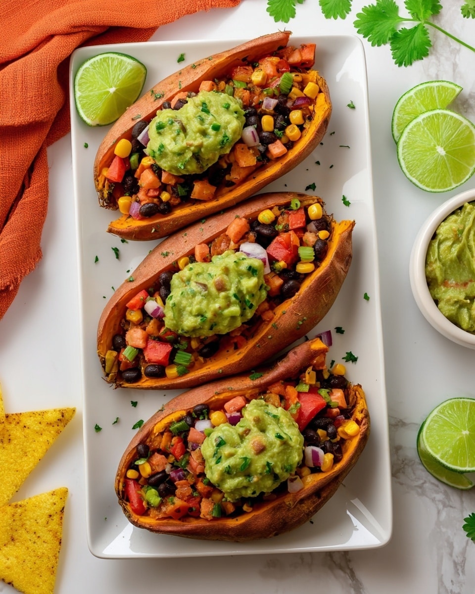 Three roasted sweet potatoes with a textured orange skin lay open on a white rectangular plate set on a white marbled surface. Each sweet potato has a bottom layer of orange soft inside, filled with a mix of black beans, yellow corn, and diced red and green bell peppers, topped with fresh chopped tomatoes and greens. On top is a generous dollop of chunky green guacamole, decorated with small white creamy sauce drizzles and fresh cilantro leaves. In the background, yellow corn tortilla chips and a bright green lime wedge are visible. Photo taken with an iphone --ar 4:5 --v 7