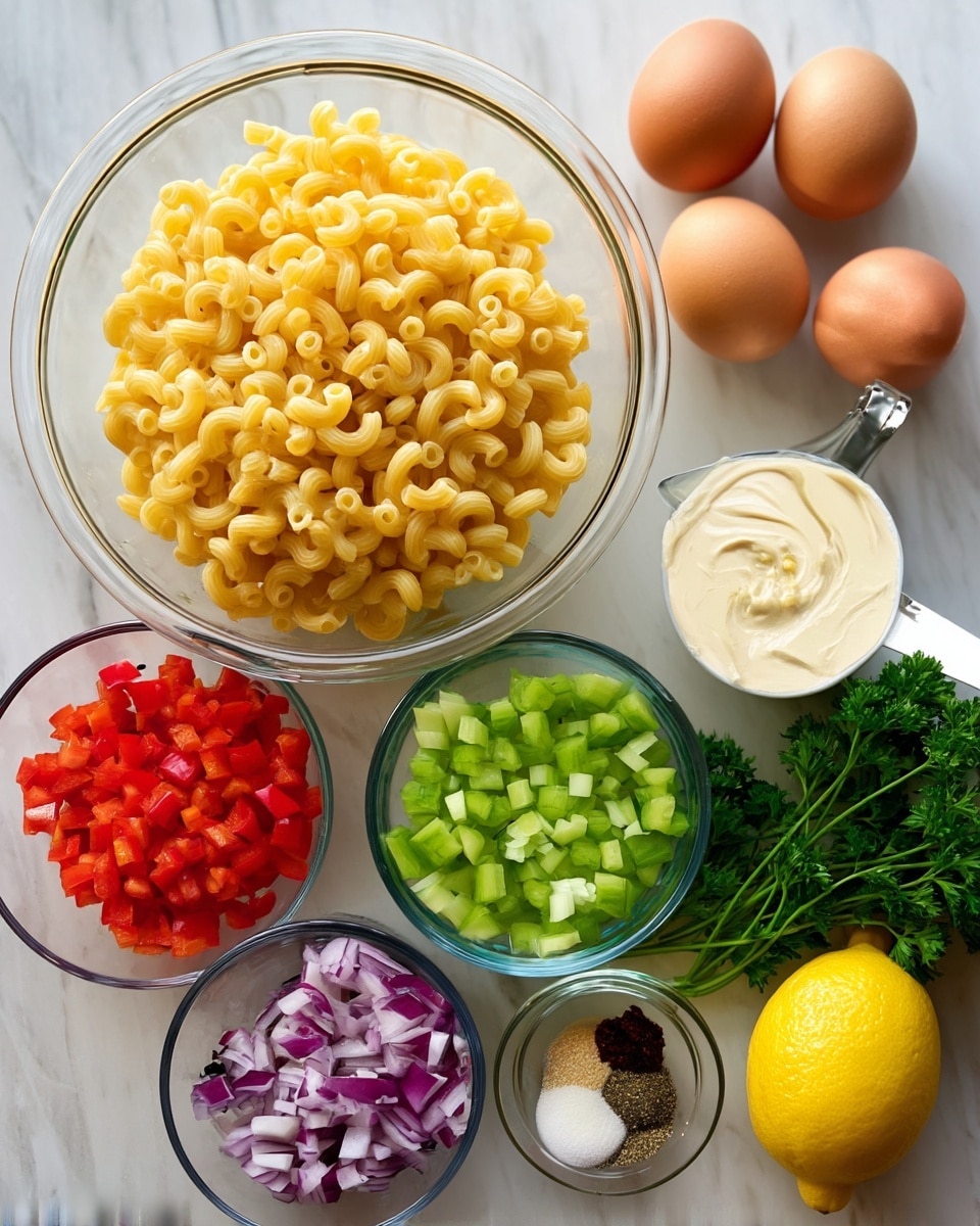 A large clear glass bowl sits in the center filled with light yellow elbow macaroni pasta. Surrounding the bowl are small clear glass bowls with finely chopped bright red bell pepper, light green celery, and purple-red diced red onion. Near the top right, three brown eggs rest on the white marbled surface next to a whole bright yellow lemon and a small bunch of fresh green parsley. To the right of the pasta bowl, a white measuring cup holds creamy white mayo, a small metal spoon contains pale yellow Dijon mustard, and a small clear bowl holds mixed seasoning in white, black, and reddish-brown colors. The scene is set on a white marbled surface. Photo taken with an iphone --ar 4:5 --v 7
