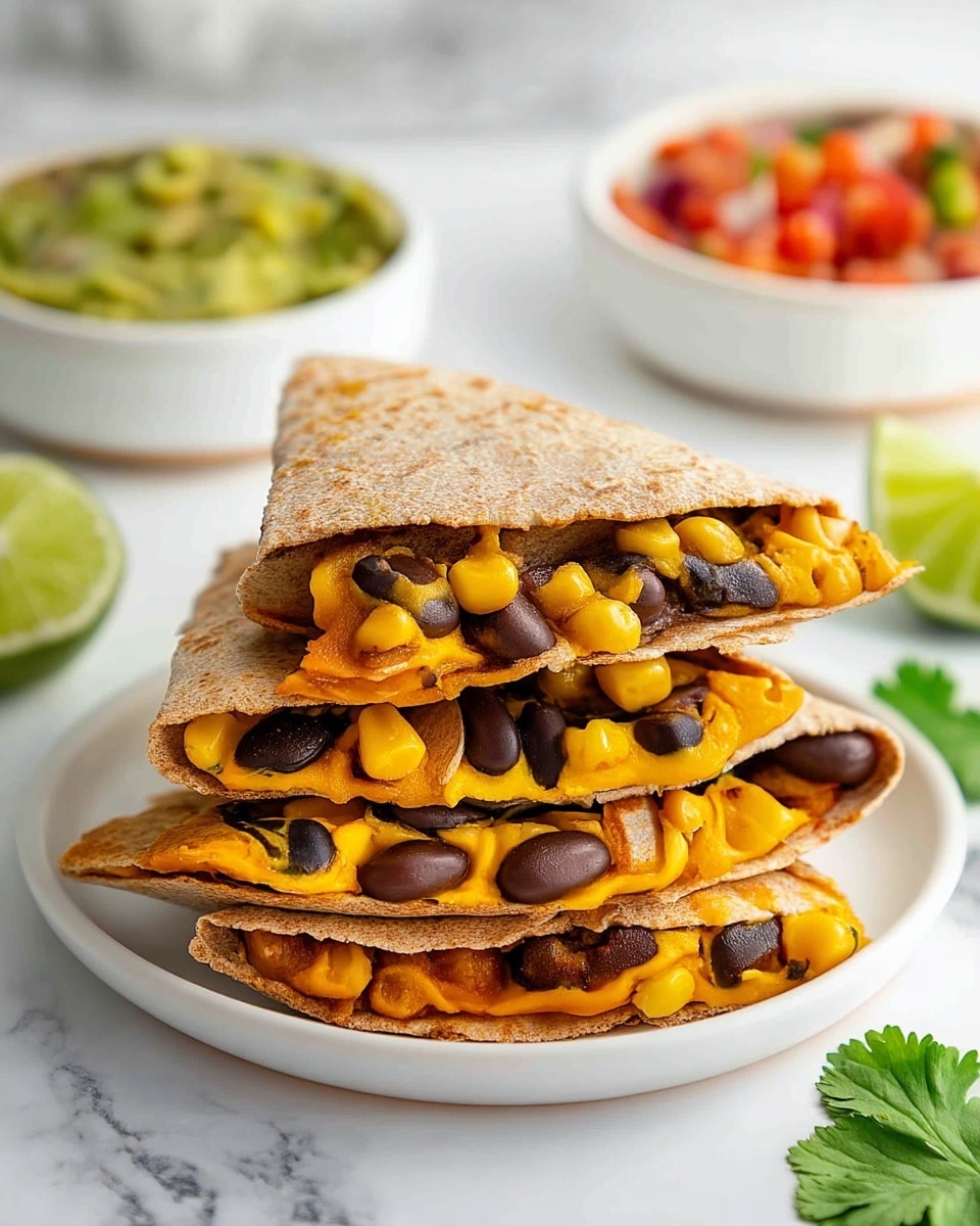 A stack of four triangular quesadilla slices is arranged on a white plate, each slice showing three layers: a light brown whole wheat tortilla exterior, a bright yellow cheesy layer mixed with black beans, and sweet corn kernels that add pops of yellow throughout. The edges are slightly crisp and the cheese layer looks smooth and creamy. In the background, there are two white bowls, one containing a green guacamole with small pieces of avocado and the other filled with a red salsa that has visible chunks of tomato, onion, and green herbs. Lime wedges and a sprig of cilantro rest on the white marbled surface. Photo taken with an iphone --ar 4:5 --v 7