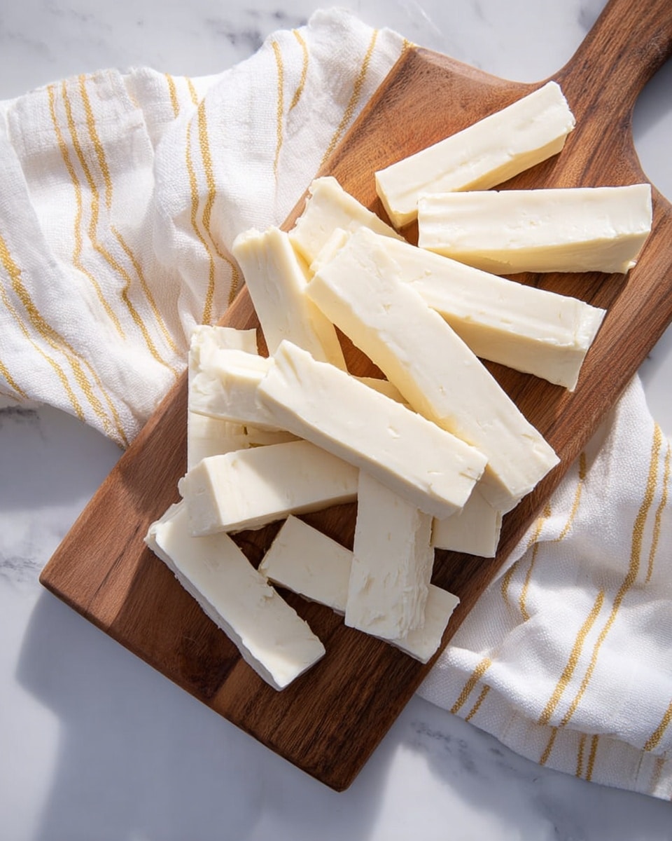 A wooden board holds about fifteen sticks of white cheese, cut into long, rectangular bars with smooth edges. The cheese sticks are piled loosely, some overlapping and leaning in different directions, showing a firm yet soft texture. The board is placed on a white marbled surface, and a white cloth with yellow lines is spread out next to it. The image has bright, natural lighting highlighting the creamy color of the cheese and the warm tones of the wooden board, with no other items visible. photo taken with an iphone --ar 4:5 --v 7
