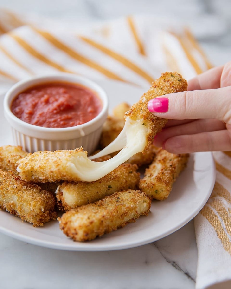 A white plate on a white marbled surface holds several golden brown crispy cheese sticks arranged in a pile. At the front, two pieces of a crispy cheese stick are being pulled apart by a woman's hand with pinkish nail polish, showing melted white cheese stretching out between the halves. Behind the cheese sticks, there is a small white ramekin filled with red tomato sauce. A folded white cloth with mustard yellow stripes is draped softly in the background. The photo taken with an iphone --ar 4:5 --v 7