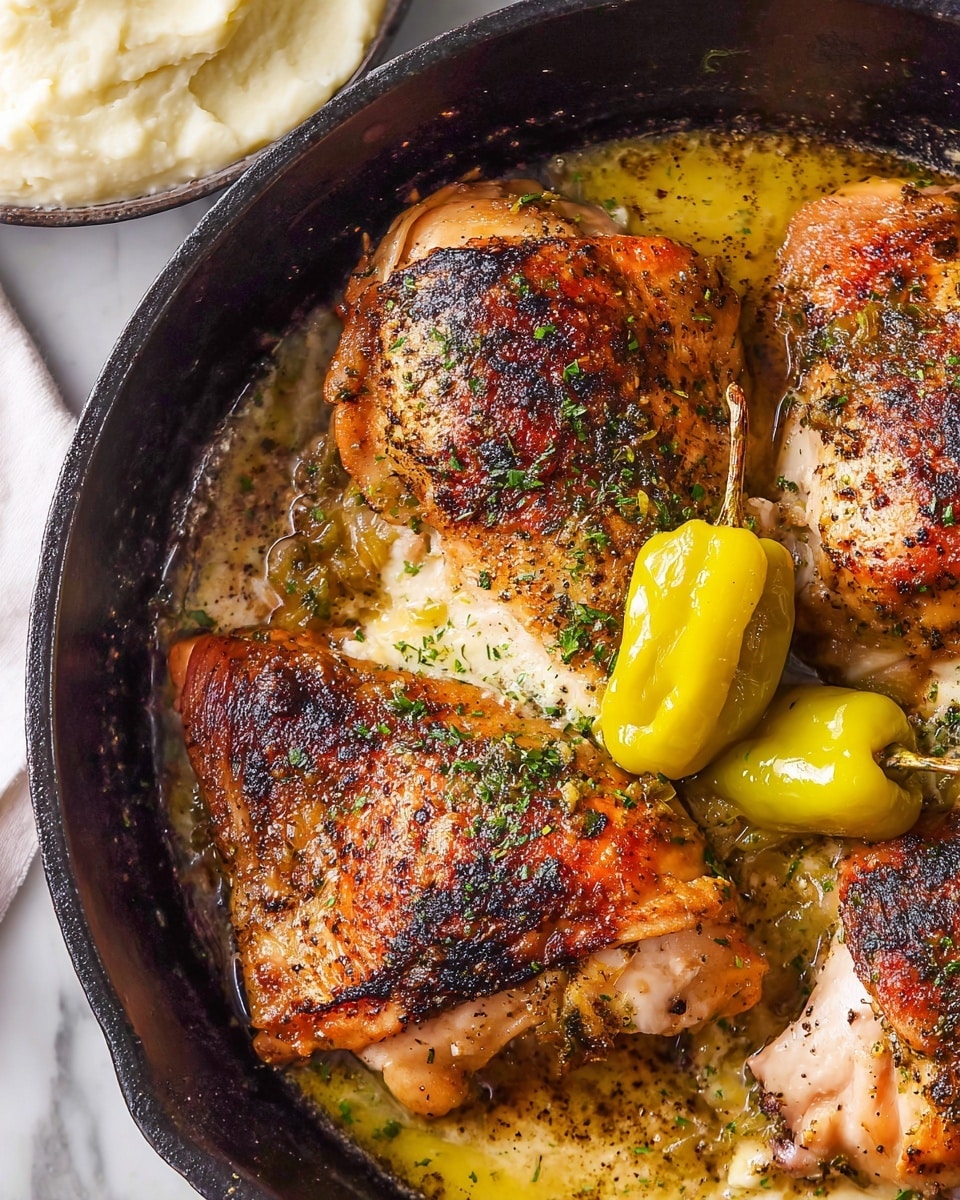 A close-up of a black cast iron pan with three cooked chicken pieces, each showing golden-brown, slightly crispy skin with charred spots and a sprinkle of green herbs on top; three bright yellow-green pepperoncini peppers rest on the chicken pieces, and the pan contains melted butter and seasoning juices pooling around the chicken. In the top left corner, a white plate with a scoop of creamy mashed potatoes is just visible on a white marbled surface. Photo taken with an iphone --ar 4:5 --v 7