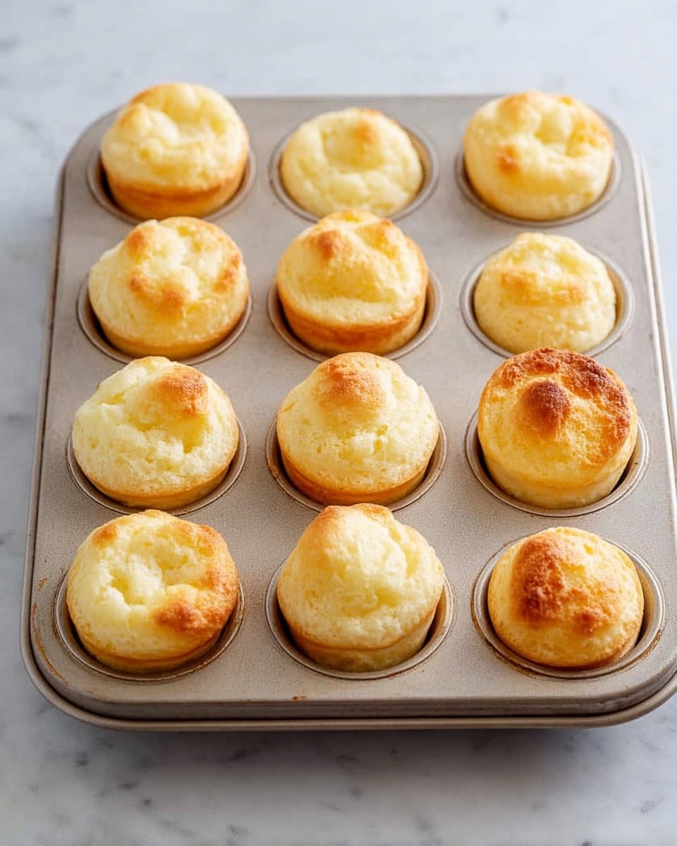 A metal muffin tray holds fifteen small, round bread puffs in three rows, each puff light golden-brown at the top with slightly uneven, soft, and fluffy textures. The puffs have a hollow center or slight indentation, showing their airy inside. The tray sits on a surface with a white marbled texture, and the lighting highlights the gentle browning on the bread tops, giving a warm and fresh-baked feeling. photo taken with an iphone --ar 4:5 --v 7