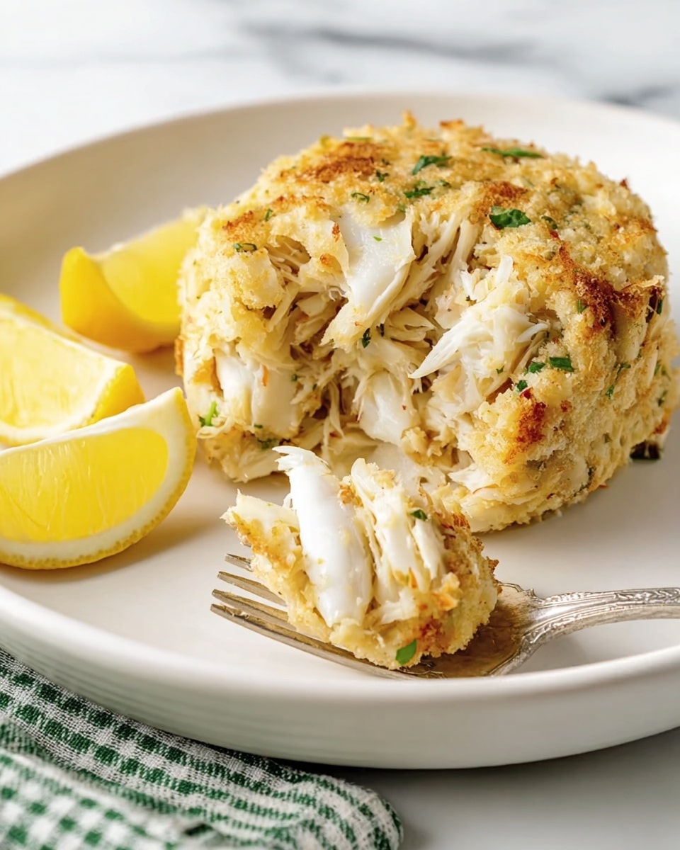 The image shows a round crab cake with a rough texture made of white crab meat mixed with a light golden crumb coating, placed on a white plate. The crab cake layers show thick chunks and flaky white crab meat interwoven with finely shredded pieces and small green herb flecks. Next to the crab cake, there are three lemon wedges with bright yellow skin and pale yellow flesh. A silver fork holds a small piece of the crab cake on the right side. The plate rests on a white marbled surface with a checkered green and white cloth partially visible on the lower left side. Photo taken with an iphone --ar 4:5 --v 7
