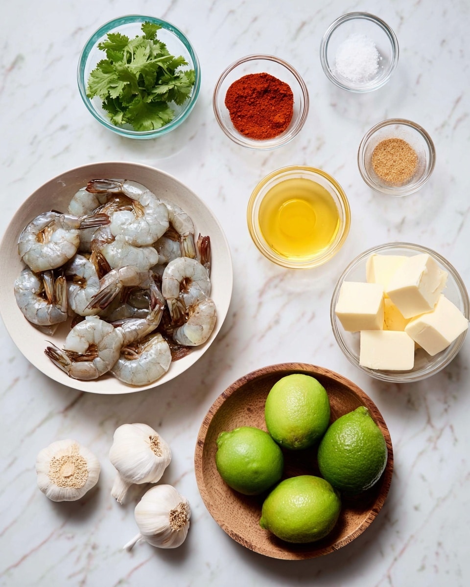 A white bowl on a white marbled surface holds raw shrimp with grayish translucent shells and dark tails, arranged loosely. To the top left, fresh green cilantro leaves rest in a small clear glass bowl with a leafy texture. Two small clear glass bowls with bright red powdered spices sit nearby, one above the other. To their right, a small round bowl with a light yellow liquid appears smooth and glossy. Above this, another small bowl contains fine white salt crystals. On the lower right, a clear bowl holds golden honey with a thick texture. Next to it, cubes of pale yellow butter are stacked neatly in a small clear glass bowl. A bunch of garlic with white and light purple skin sits beside the butter. In the center, a round wooden bowl contains four bright green limes with a slightly rough skin texture. A tiny light brown bowl with a tan finely ground spice completes the ingredients, all placed evenly on the white marbled background. photo taken with an iphone --ar 4:5 --v 7