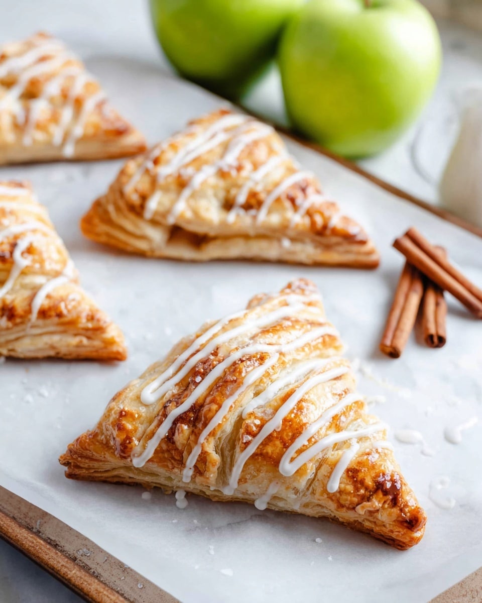 The image shows four triangular pastries on white parchment paper over a white marbled baking tray. Each pastry has a flaky, golden-brown crust with visible layers, and all are drizzled with a thin white icing in diagonal lines. In the background, three bright green apples and two cinnamon sticks lay on the white marbled surface, slightly out of focus. The scene has soft lighting highlighting the textures and shiny icing on the pastries. photo taken with an iphone --ar 4:5 --v 7