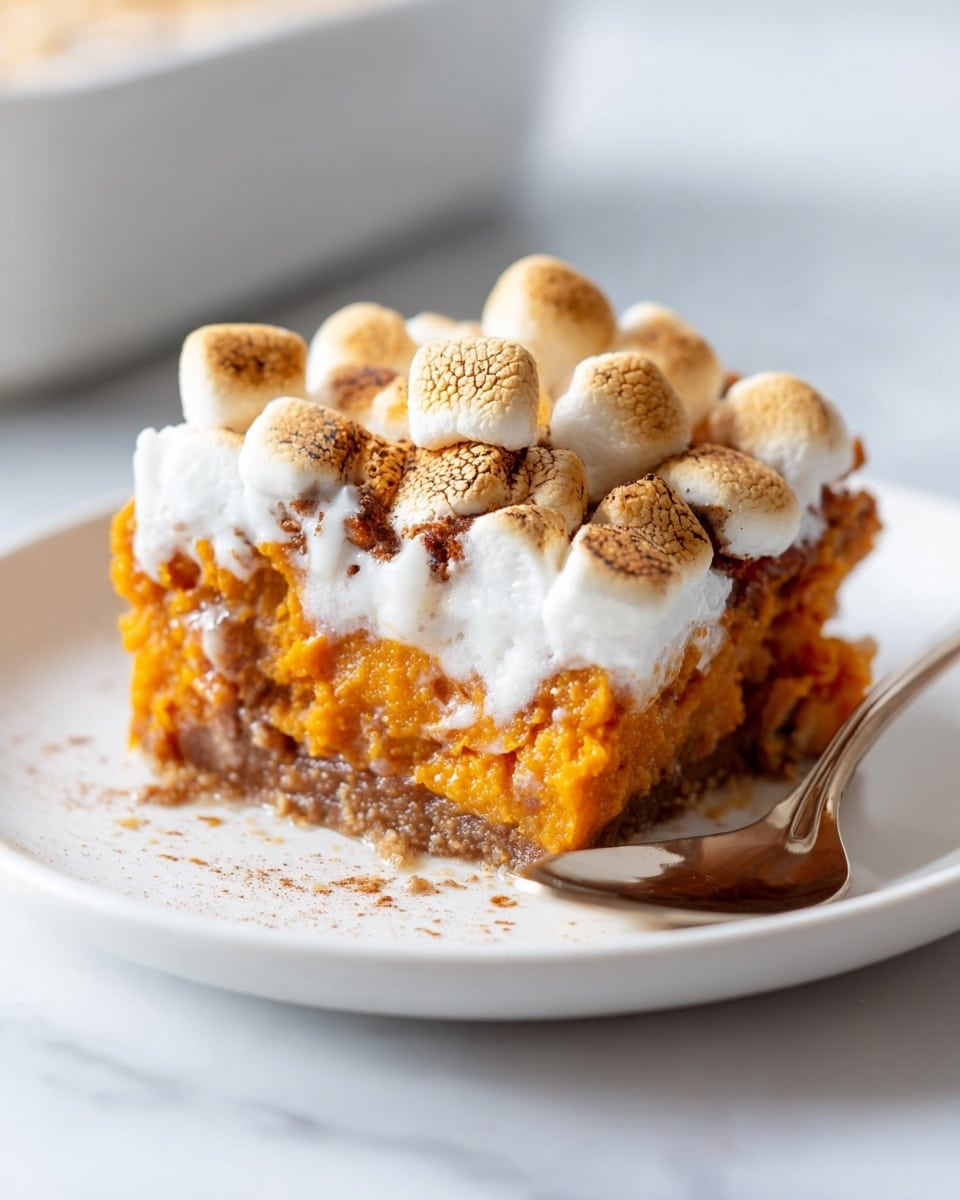 A close-up shot of a sweet potato casserole slice on a white plate, showing three main layers: the bottom layer is bright orange mashed sweet potato with a soft and slightly chunky texture, the middle layer has small brown bits of nuts mixed in, and the top layer is puffy and toasted small marshmallows that are golden brown with some white parts visible. There are small bits of cinnamon powder sprinkled on top of the marshmallows. In the background, blurred white bowls and shiny metal spoons rest on a white marbled surface. Photo taken with an iphone --ar 4:5 --v 7