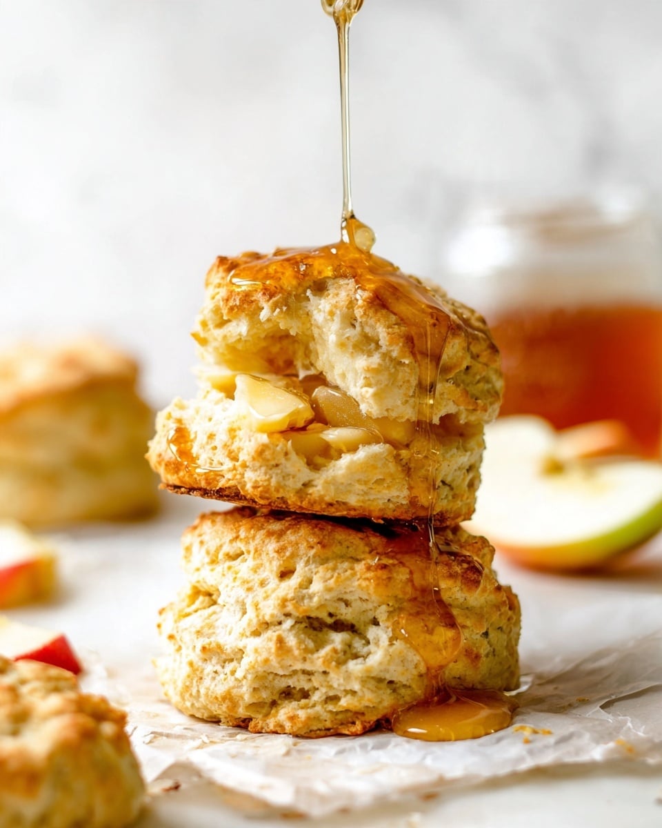 A stack of three golden brown biscuits with rough, crumbly texture is shown on a white marbled surface. The top biscuit is broken in half, revealing a soft, fluffy inside with bits of apple pieces. Clear honey is being poured onto the broken biscuit, dripping down and pooling slightly at the base of the stack. In the blurred background, there are sliced apples and a small glass jar with a honey dipper inside. The scene is bright, clean, and focused on the warm, inviting tones of the biscuits and honey. photo taken with an iphone --ar 4:5 --v 7