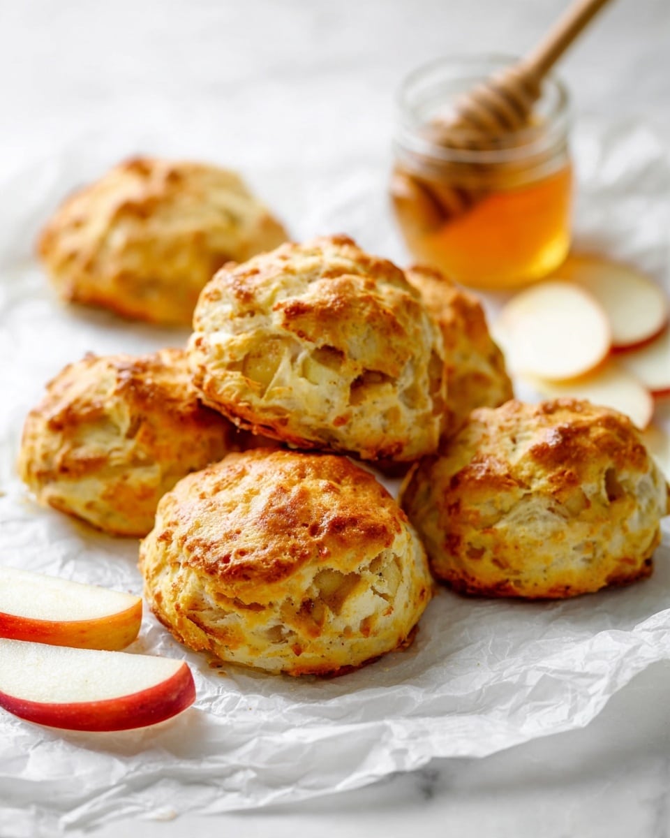 There are six golden brown scones with a slightly crispy top, showing small chunks of light-colored apples inside them, arranged on crumpled white parchment paper on a white marbled surface. Near the scones, there are several thin apple slices with red skin and cream-colored insides scattered casually. In the background, there is a clear glass jar with some honey and a honey dipper resting inside, slightly blurred. The overall scene has a warm and fresh feeling, with soft natural light highlighting the textures of the scones and apples. photo taken with an iphone --ar 4:5 --v 7