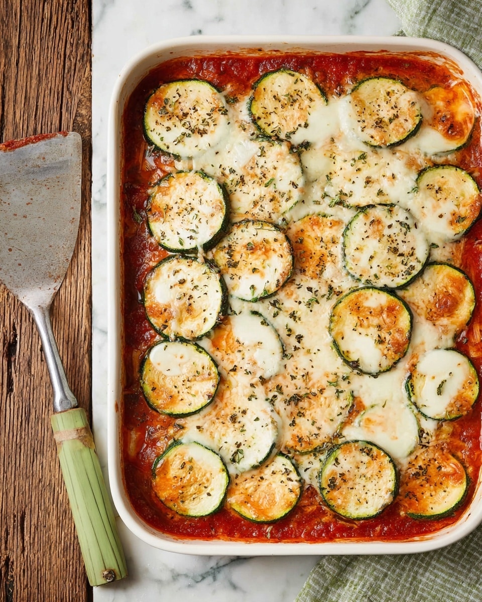 A white baking dish filled with a baked casserole showing one visible layer of tomato sauce with a rich red color, topped evenly with round slices of green zucchini arranged in close rows covering the surface. Each zucchini slice is covered with a layer of melted white cheese sprinkled with black pepper and herbs, creating a slightly bubbly and golden texture on the cheese. The dish rests on a white marbled surface, next to a metal spatula with a green and beige wooden handle and a green, white, and gray striped cloth. photo taken with an iphone --ar 4:5 --v 7