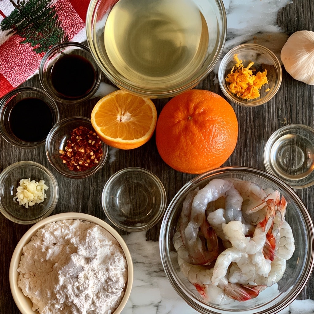 A flat lay of cooking ingredients arranged on a white marbled surface, centered by a clear glass bowl filled with raw shrimp that are pale gray and white. Around the bowl are smaller clear glass bowls: one with white powder, another with a golden yellow liquid, another with minced garlic, and one more with dark soy sauce. Whole and halved bright orange oranges are scattered around, along with a whole garlic bulb and a small bowl with orange zest. A red and white checkered cloth with a Christmas tree pattern is placed in the upper left corner. The image has a bright and clean look with a simple kitchen vibe. photo taken with an iphone --ar 4:5 --v 7