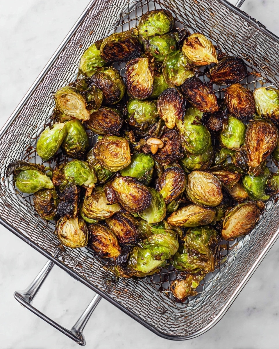 A wire air fryer basket filled with roasted Brussels sprouts, showing about two dozen pieces. The sprouts are halved or whole, cooked to a mix of charred dark brown, golden brown, and bright green colors with a crispy texture. Small bits of browned garlic are scattered among the sprouts. The basket sits on a white marbled surface, and two metal handles extend off the bottom. photo taken with an iphone --ar 4:5 --v 7