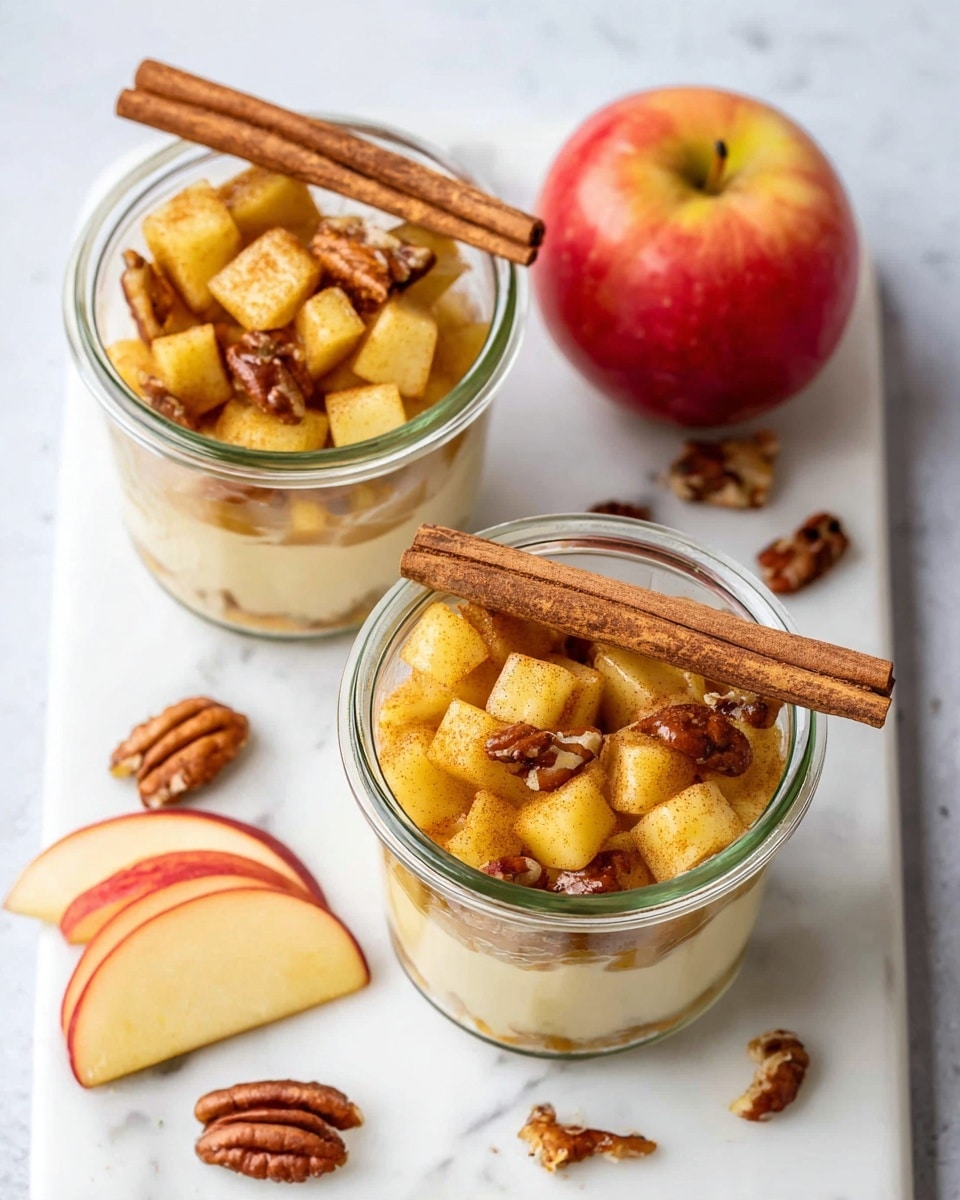 The image shows two clear glass jars with three layers each on a white marbled surface. The bottom layer is a creamy, light beige mixture. The middle layer has diced, cooked apple pieces that are golden yellow with a slight shine, mixed with small pecan nut pieces scattered on top. Each jar has a long brown cinnamon stick laid across the top layer. Around the jars, there are apple peels showing red and pale yellow colors, a whole red apple, and some loose pecan pieces on the white marbled surface. Photo taken with an iphone --ar 4:5 --v 7