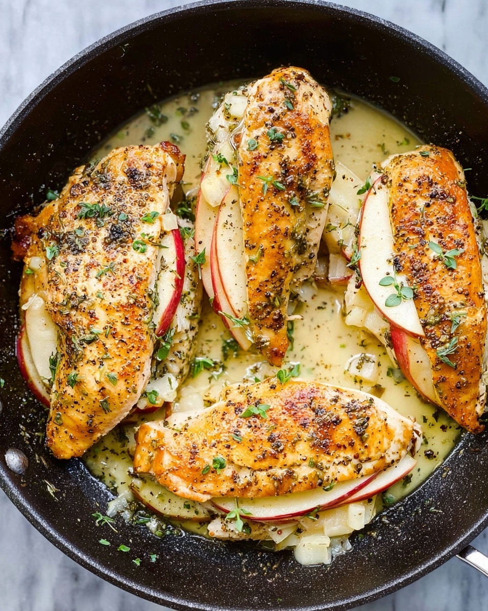 The image shows three cooked chicken pieces in a black skillet with a light sauce at the base. Each chicken piece is golden brown and seasoned with herbs and black pepper. Inside each piece, there are visible layers of red-skinned apple slices and creamy white cheese, melted and soft, adding texture and color contrast. Small green herb leaves are sprinkled over the chicken, giving a fresh look. The skillet sits on a white marbled surface. Photo taken with an iphone --ar 4:5 --v 7