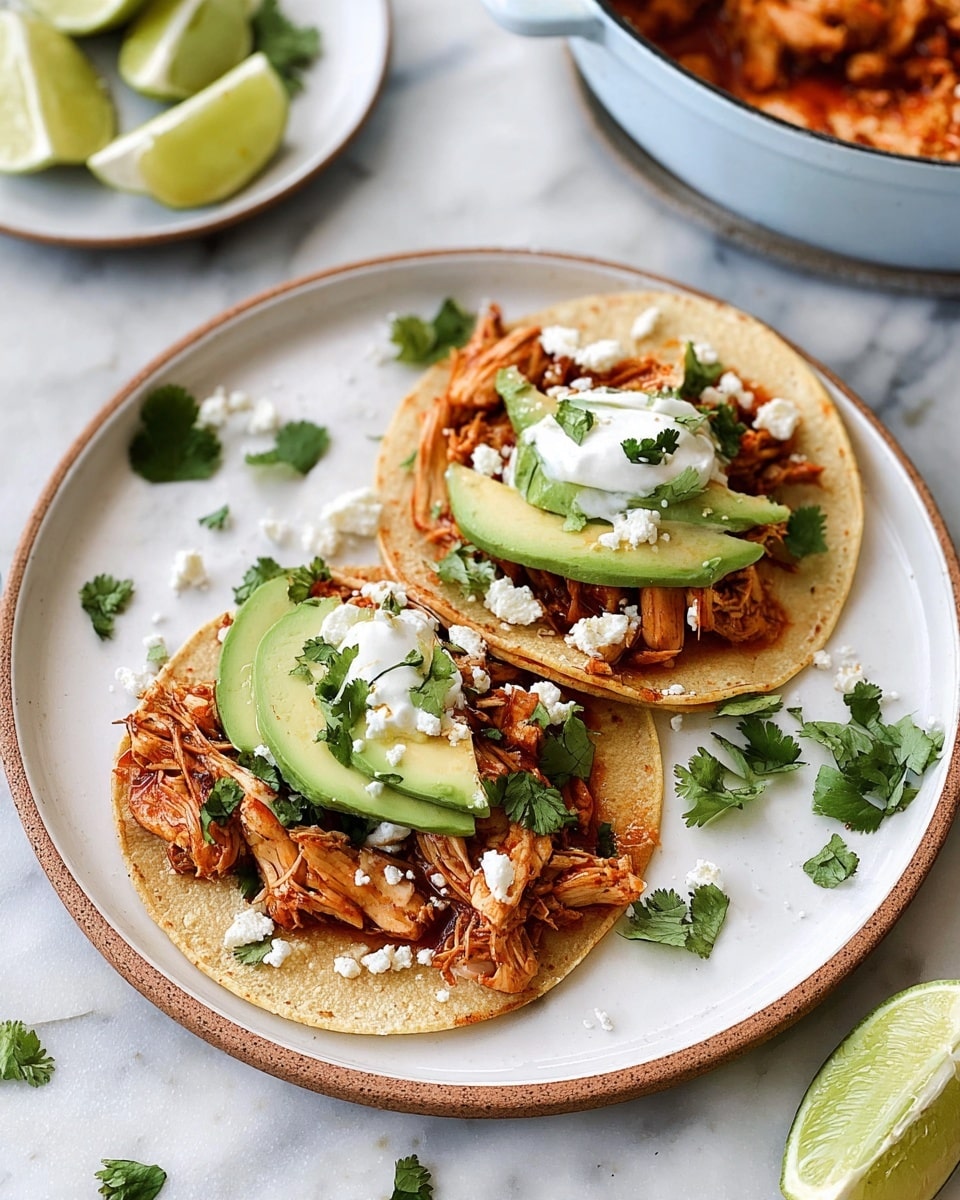 Two soft corn tortillas sit on a white plate with a thin brown edge over a white marbled surface. Each tortilla is layered with shredded reddish-brown cooked chicken, topped with two pale green slices of avocado, a dollop of white sour cream, and sprinkled with small white crumbles of cheese. Fresh green cilantro leaves are scattered on top and around the tortillas. A wedge of lime with a juicy texture is placed near the tacos on the plate. In the background, pieces of lime rest on a small white plate, and a light blue pot with more reddish-brown chicken can be seen at the top right corner. Photo taken with an iphone --ar 4:5 --v 7