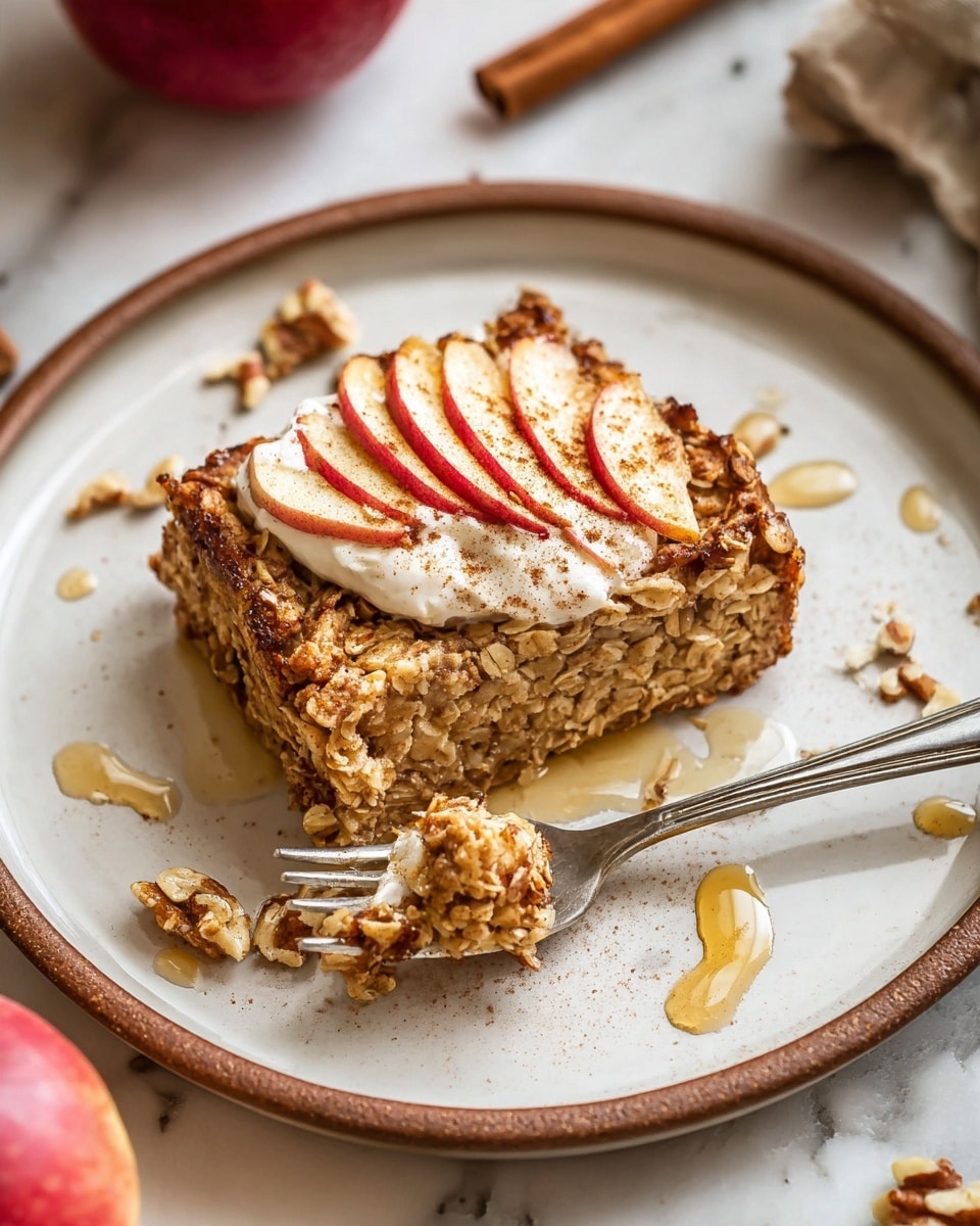 A single slice of baked oatmeal topped with thin sliced red apple pieces and a dollop of white cream sprinkled with light brown cinnamon powder sits on a white plate that has a brown rim. The oatmeal slice is golden brown and textured with oats and small nut pieces visible. A silver fork with more oatmeal, apple slices, and cream on it rests on the plate next to the slice. Around the plate are a few scattered chopped nuts and a drizzle of honey, while red apples and cinnamon sticks lie nearby on a white marbled surface photo taken with an iphone --ar 4:5 --v 7