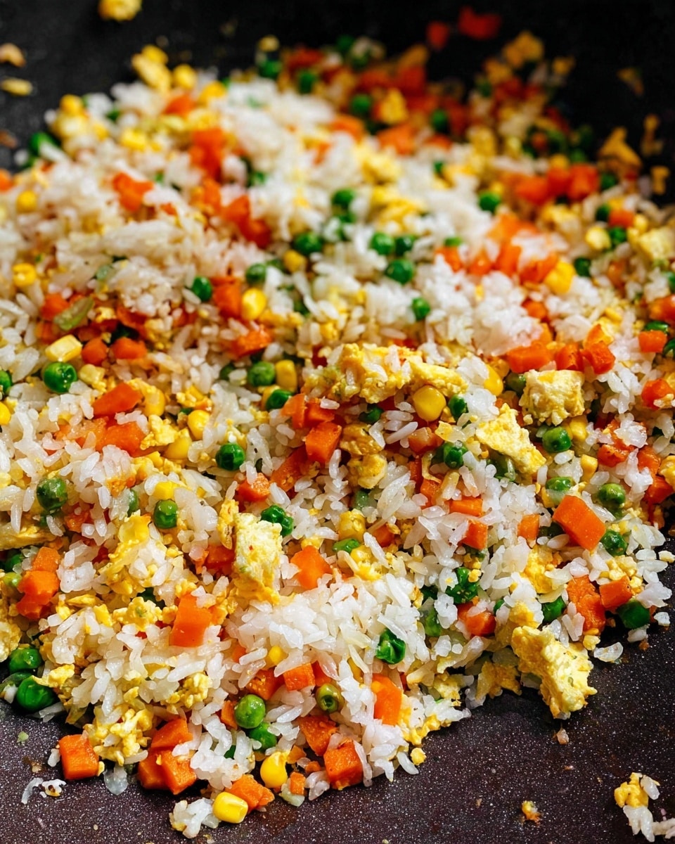 A close-up view of fried rice in a dark pan, showing three main layers mixed together: white rice grains, small bright orange carrot cubes, and small yellow scrambled egg pieces. Scattered evenly throughout are green peas and small yellow corn kernels, creating a colorful, textured mix. The background is dark, highlighting the vibrant colors of the fried rice ingredients. photo taken with an iphone --ar 4:5 --v 7