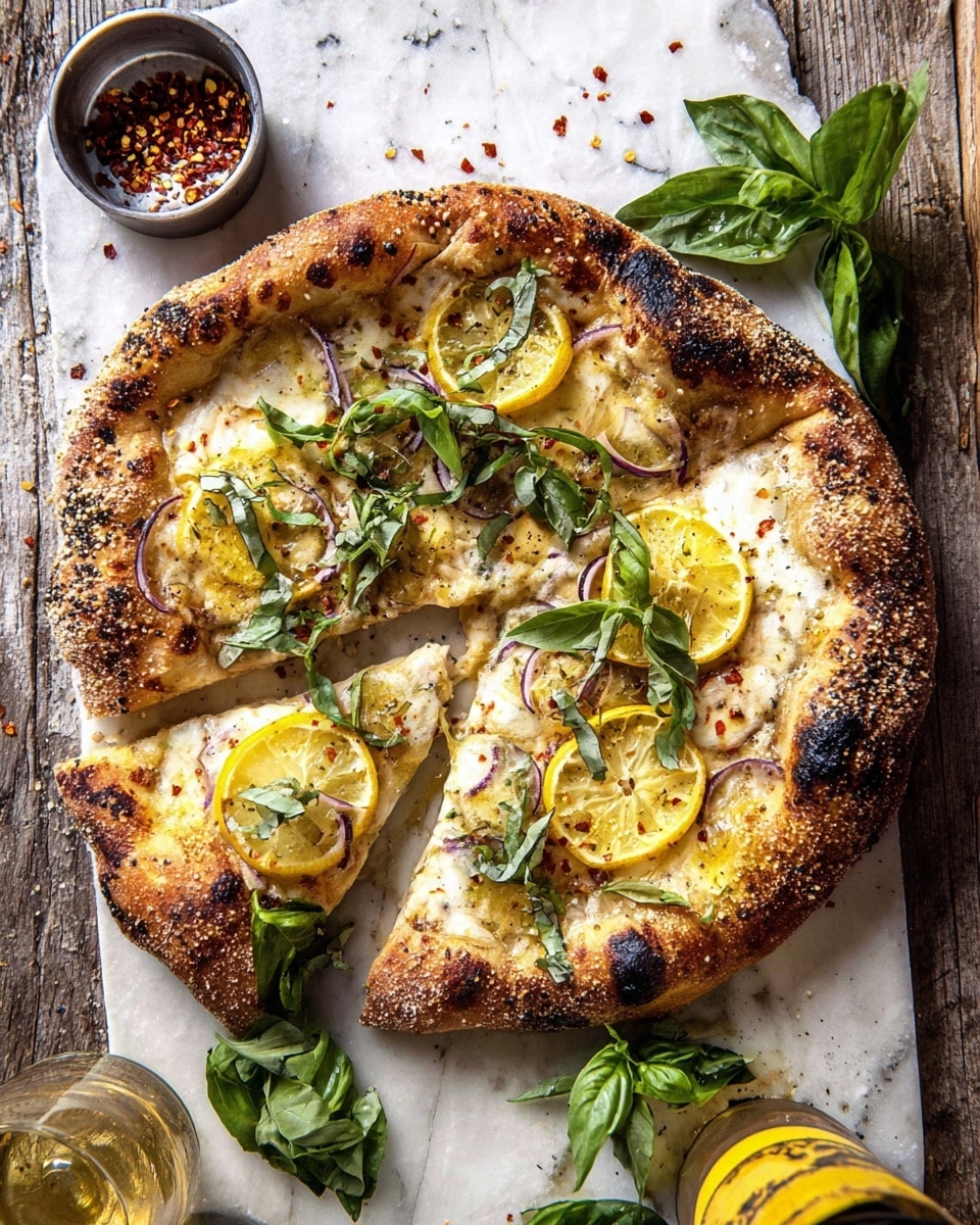 A round pizza with a thick, golden-brown crust that has some charred spots and sesame seeds on top. The pizza has one visible slice slightly pulled out, showing a creamy white cheese base layer covered with thin yellow lemon slices, purple onion pieces, and fresh green basil leaves spread evenly on top. There are some red pepper flakes sprinkled over the pizza. The pizza is placed on a white marbled surface with a rustic wooden texture visible under it. Near the top left corner, there is a small metal cup filled with red pepper flakes. On the bottom right side, part of a glass and a bottle with a yellow label are visible. Fresh basil leaves are scattered near the pizza’s edges. Photo taken with an iphone --ar 4:5 --v 7