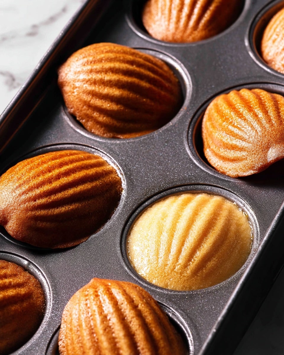 The image shows a dark metal baking tray with shell-shaped madeleines inside some of its wells. There are eight madeleines visible, with a rich golden brown color and a shiny, slightly textured surface that highlights the ridges of the shell shape. One madeleine is flipped, showing a smooth, pale golden bottom with a slightly cracked texture. The tray and madeleines are set against a white marbled surface. photo taken with an iphone --ar 4:5 --v 7