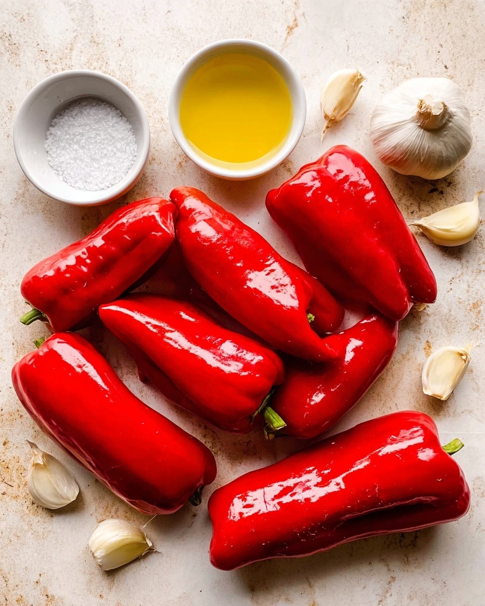 The image shows seven long, shiny red peppers arranged on a white marbled surface. Around the peppers, there are three white bowls—one filled with coarse salt on the top left, one with yellow oil on the top right, and one empty bowl at the bottom center. Two garlic cloves are placed near the upper right peppers. The colors are bright with the deep red of the peppers standing out against the white bowls and the pale marbled background. photo taken with an iphone --ar 4:5 --v 7