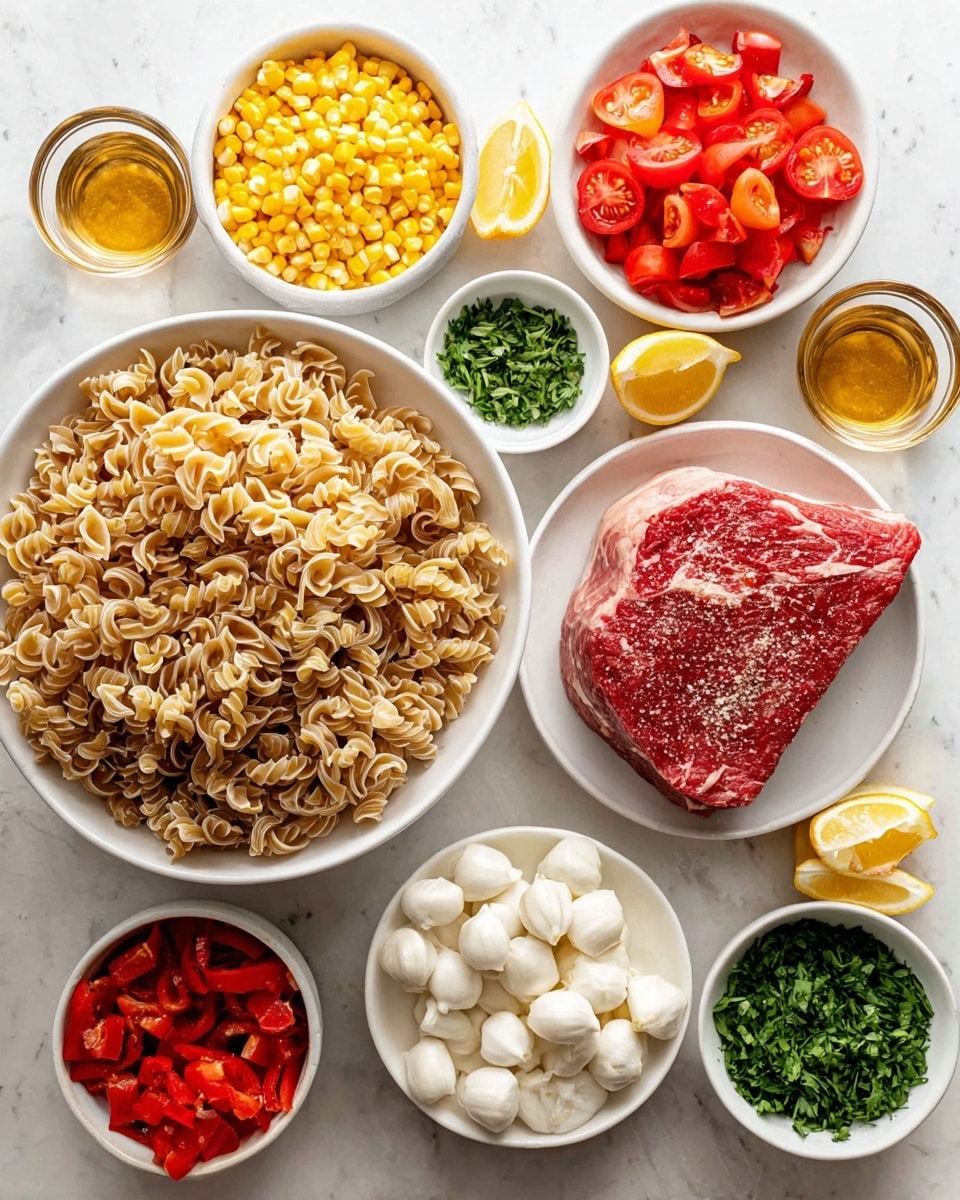 A white bowl filled with a layered pasta salad that includes pale beige ruffled pasta pieces as the base, mixed with bright yellow corn kernels, chunks of red bell pepper, and halved cherry tomatoes adding a red and orange contrast. There are small white mozzarella balls scattered throughout, along with pieces of cooked steak that show a brown crust and pinkish interior. The salad is topped with fresh green herbs sprinkled all over, and it sits on a white marbled surface with halved and whole lemons nearby. photo taken with an iphone --ar 4:5 --v 7