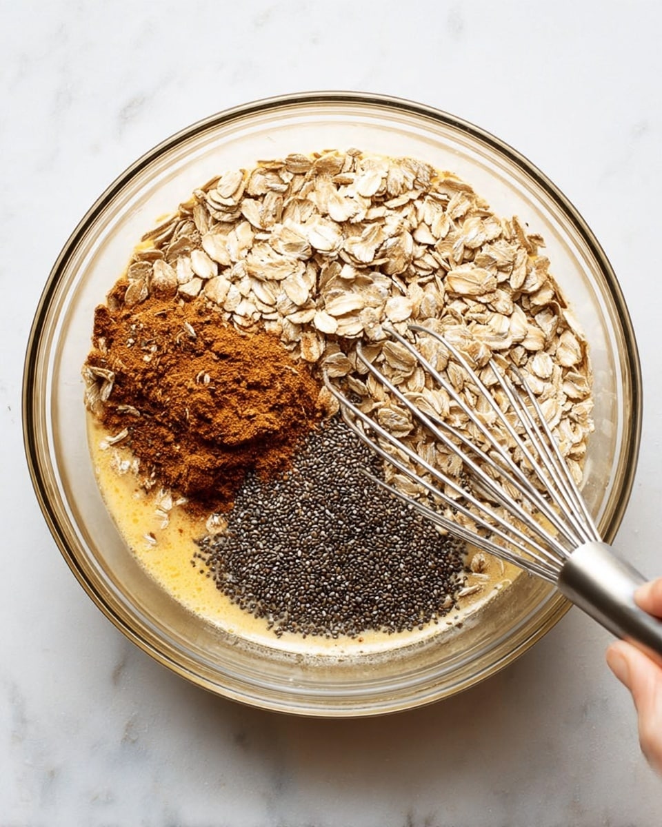A clear glass bowl sits on a white marbled surface, filled with a mix of ingredients. Inside, three main layers are visible: light beige rolled oats cover about half the bowl on two sides, dark tiny chia seeds take up a quarter of the bowl in one corner, and a brown cinnamon powder mix lies between the oats and chia seeds. The base liquid in the bowl is light yellow and slightly frothy. A metal whisk is held by a woman's hand, stirring the contents gently from the right side. Photo taken with an iphone --ar 4:5 --v 7