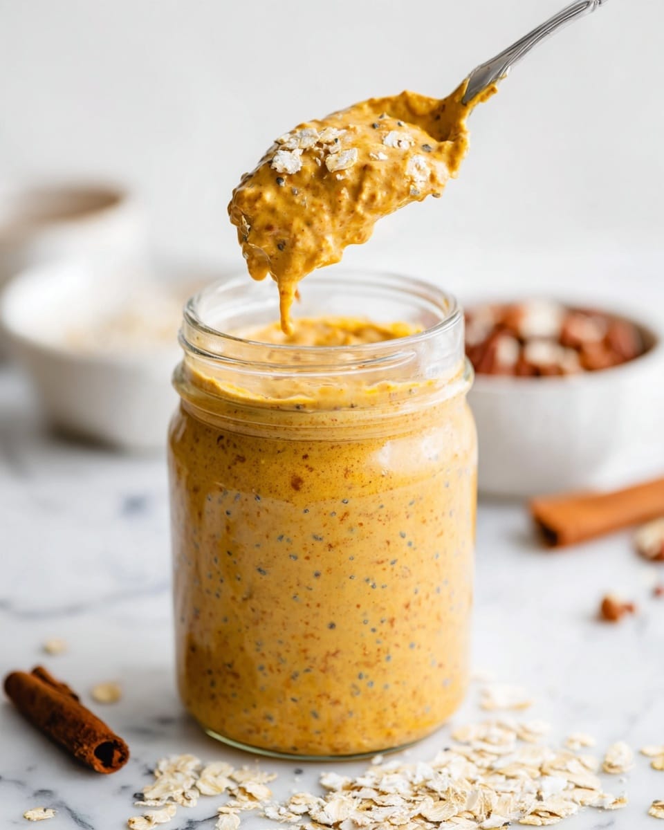 A close-up of a clear glass jar filled with a thick, creamy orange-brown mixture with visible small seeds and oat flakes. A spoon holds a scoop of the mixture above the jar, showing its dense texture with bits of oats and seeds. The jar is sitting on a white marbled surface with scattered pieces of oats, chopped nuts, and ground cinnamon around it, blurred white bowls with nuts and cinnamon sticks are in the background. The lighting is bright and natural, emphasizing the texture and colors of the mixture. Photo taken with an iphone --ar 4:5 --v 7