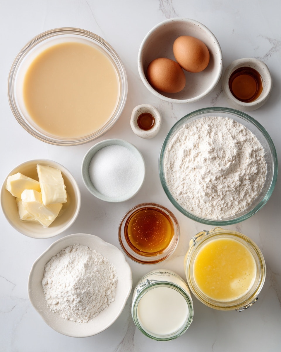 The image shows several clear and white bowls and small glass containers arranged on a white marbled surface. At the top, there is a clear bowl filled with a pale tan liquid labeled “discard.” Below, a white bowl with two brown eggs and a small glass container of amber-colored vanilla sits to the right. A small white bowl with white baking powder and soda is on the left near the center. A larger white bowl at the bottom center holds a mound of white flour. To the left, a small glass bowl contains sugar, and below it is a glass jar filled with yellow melted butter. To the right of the butter jar, a glass jar with frothy milk and next to it a glass jar with light brown vinegar complete the arrangement. Photo taken with an iphone --ar 4:5 --v 7
