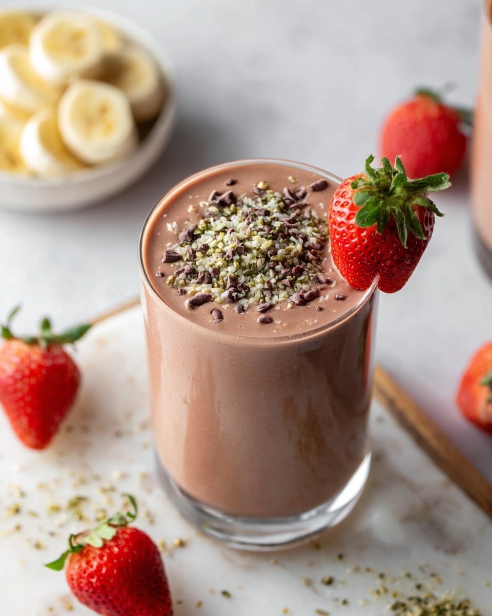 A tall clear glass filled with a smooth, thick light brown chocolate smoothie topped with dark brown cocoa nibs and light green hemp seeds scattered on top. A whole red strawberry with green leaves is placed on the rim of the glass on the right side. The glass is set on a white marbled surface with a few whole red strawberries scattered around it. In the background, there is a white bowl with sliced yellow bananas, slightly out of focus. Photo taken with an iphone --ar 4:5 --v 7