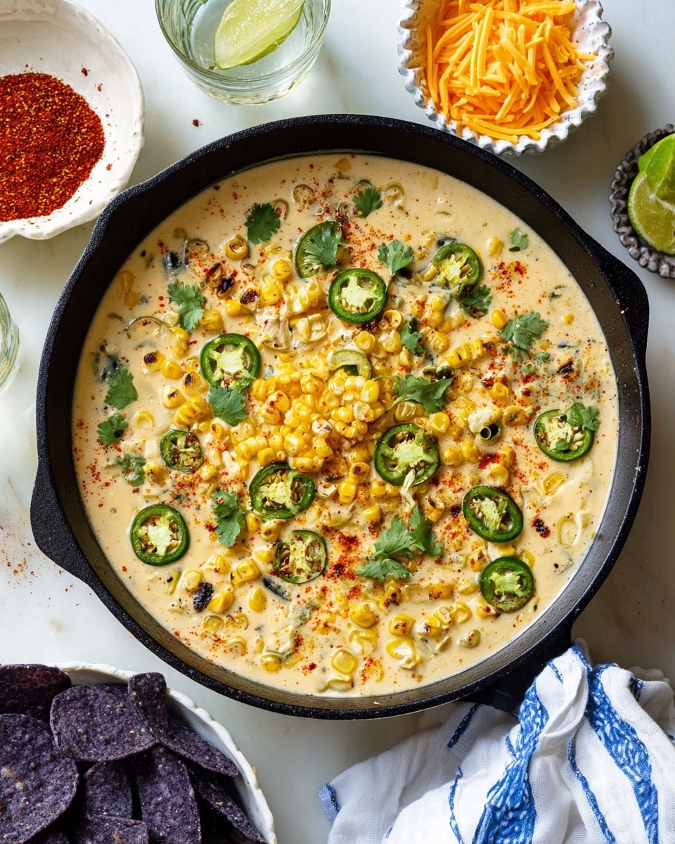 A black cast iron skillet holds a creamy soup topped with bright yellow grilled corn kernels, light green sliced jalapeños, fresh cilantro leaves, and sprinkled red chili powder. Around the skillet, there is a small white bowl filled with orange shredded cheese, a white scalloped bowl with red chili powder, a clear glass of water with a lime wedge, and a white marbled surface background. Below the skillet, a white cloth with blue stripes and a blue and white bowl filled with dark blue tortilla chips are partly visible. photo taken with an iphone --ar 4:5 --v 7