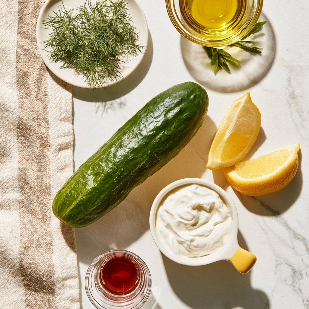 A bright fresh green cucumber lies horizontally on a white marbled surface with a beige cloth stripe on the left side, above which is a small white plate holding green fresh dill sprigs. To the right of the cucumber are two yellow lemon wedges, and a small white bowl with a yellow handle filled with smooth white Greek yogurt below the lemons. Above the lemons, a small glass bowl holds golden yellow olive oil, decorated with a few green leaves underneath. Below the cucumber, a small clear glass contains red wine vinegar. The overall setting is clean and simple with natural light and soft shadows, photo taken with an iphone --ar 4:5 --v 7