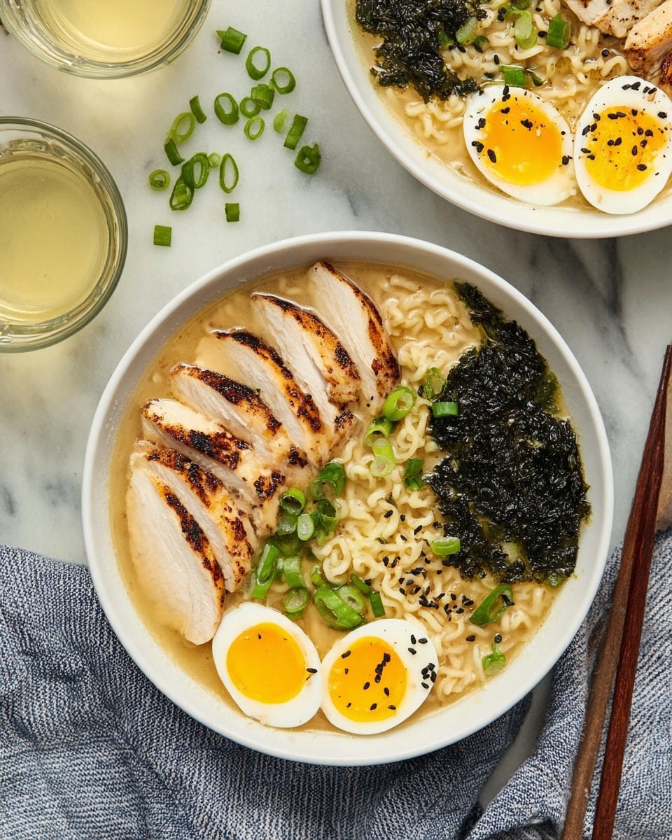Two white bowls of ramen sit on a white marbled surface, each filled with pale yellow noodle soup. In the foreground bowl, layers start with light broth, topped by juicy ramen noodles, followed by five slices of grilled light brown chicken with visible char marks on the edges on the left side. On the right are two halved soft-boiled eggs with bright yellow yolks and white whites sprinkled with black sesame seeds and chopped green onions. Dark green crispy seaweed occupies the top right side of the bowl. The background bowl shows a similar noodle soup with chicken slices and a halved egg topped with black sesame seeds and chopped green onion. Nearby, off to the right, are two clear glasses filled with a light yellow drink and some scattered sliced green onions. A pair of brown chopsticks rests by the side of the foreground bowl, and a blue and white striped cloth is partially visible under the top bowl. photo taken with an iphone --ar 4:5 --v 7