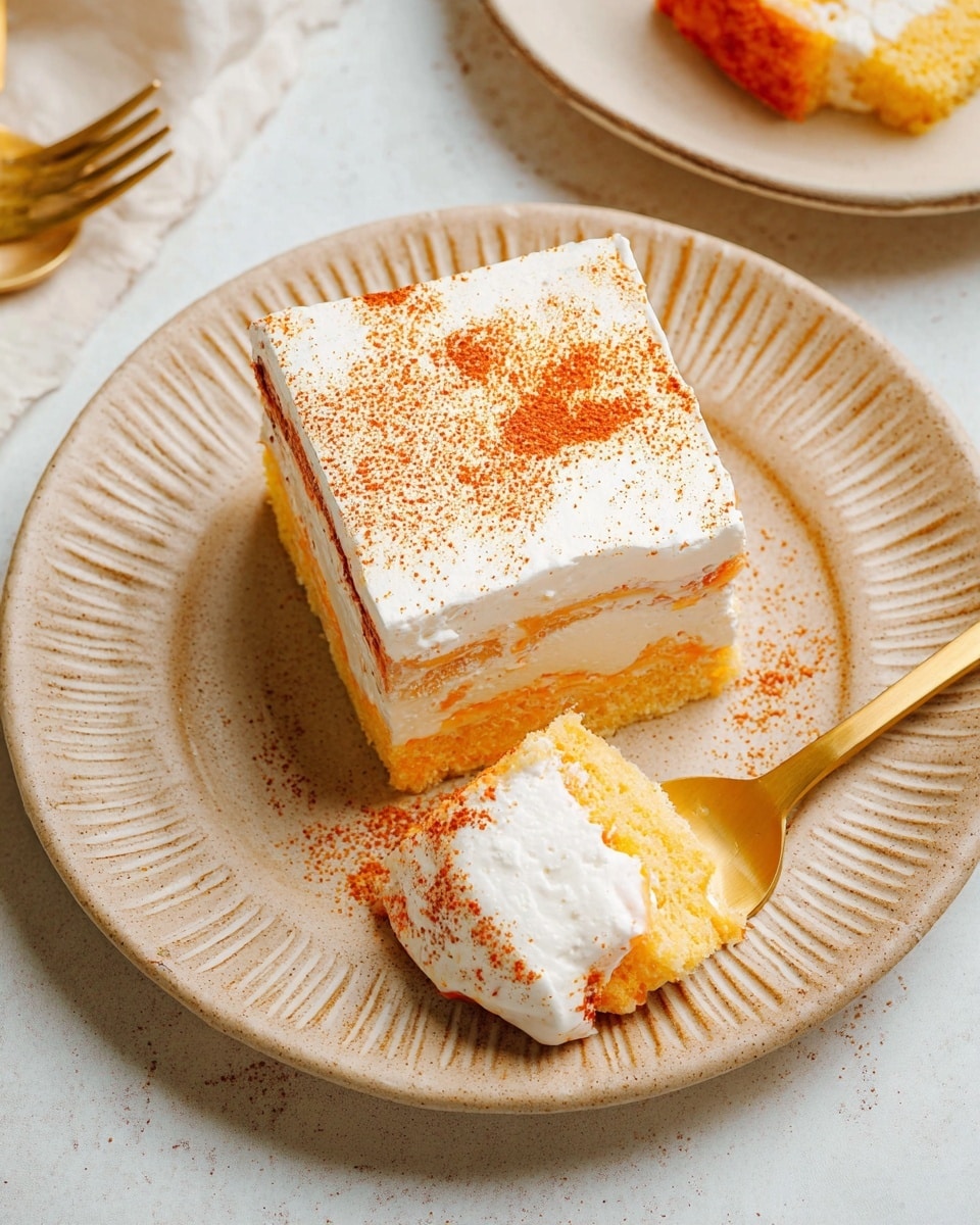 A square piece of layered cake sits on a beige speckled round plate with ridges, placed on a white marbled surface. The cake has a bottom layer of light orange-yellow with a soft, uneven texture, followed by a thick white creamy layer on top, covered with a fine dusting of orange powder. Next to the main piece, a golden spoon holds a square piece of cake showing the orange base layer and white cream around the edges. A gold fork is placed near the bottom right of the plate. photo taken with an iphone --ar 4:5 --v 7
