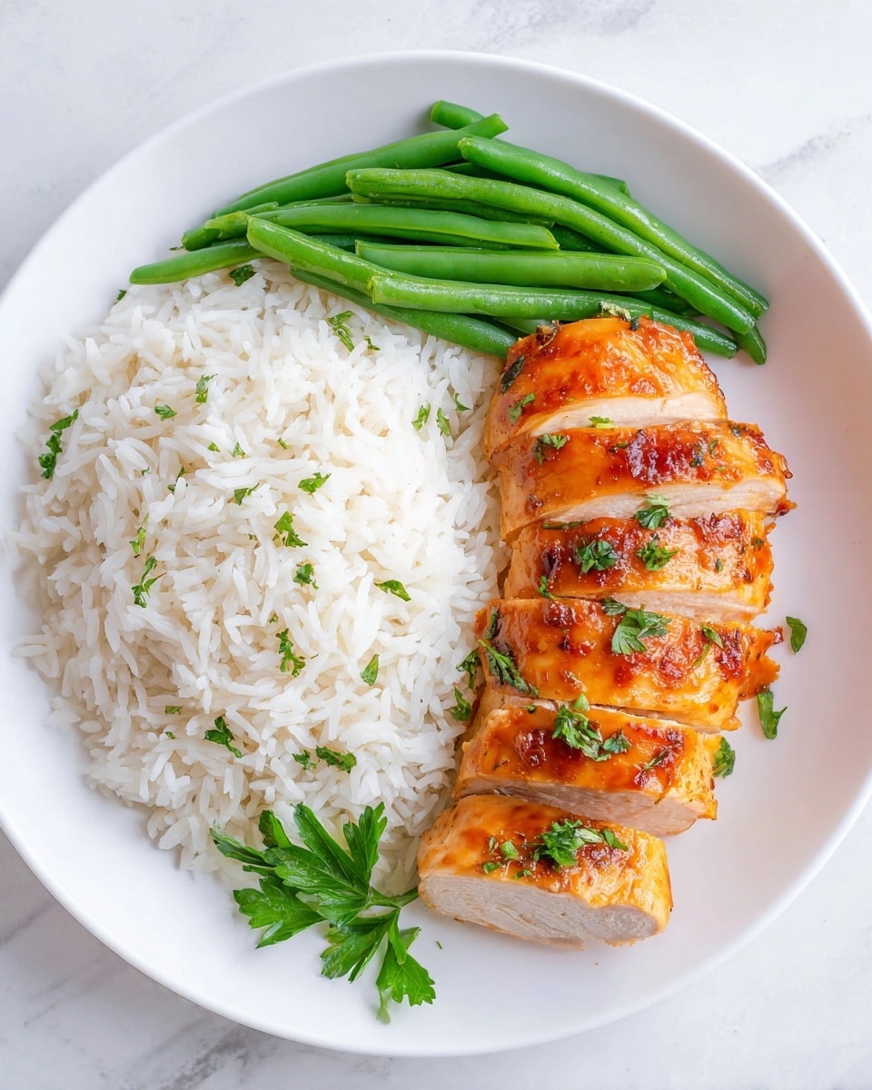 A white plate holds three main layers: at the bottom, there is a serving of fluffy white rice with separate grains; in the middle, four slices of grilled chicken with a shiny, golden-brown glazed surface sprinkled with fresh green herbs; on the top left side of the plate, a group of bright green steamed green beans with a smooth texture. A small green parsley leaf decorates the lower edge of the plate. The plate is placed on a white marbled surface. Photo taken with an iphone --ar 4:5 --v 7