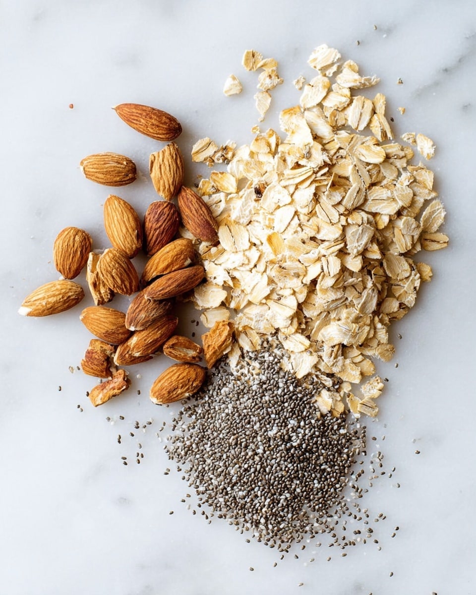 The image shows three separate piles of ingredients on a white marbled surface. On the left, there is a group of whole and broken almonds with a brown, textured shell. To the right of the almonds is a larger pile of light cream-colored rolled oats with a rough, flaky texture. Below the oats and slightly overlapping them is a smaller pile of tiny grayish chia seeds with a smooth appearance. The arrangement highlights the natural color contrast and textures of the almonds, oats, and chia seeds, each clearly separated but close together. Photo taken with an iphone --ar 4:5 --v 7