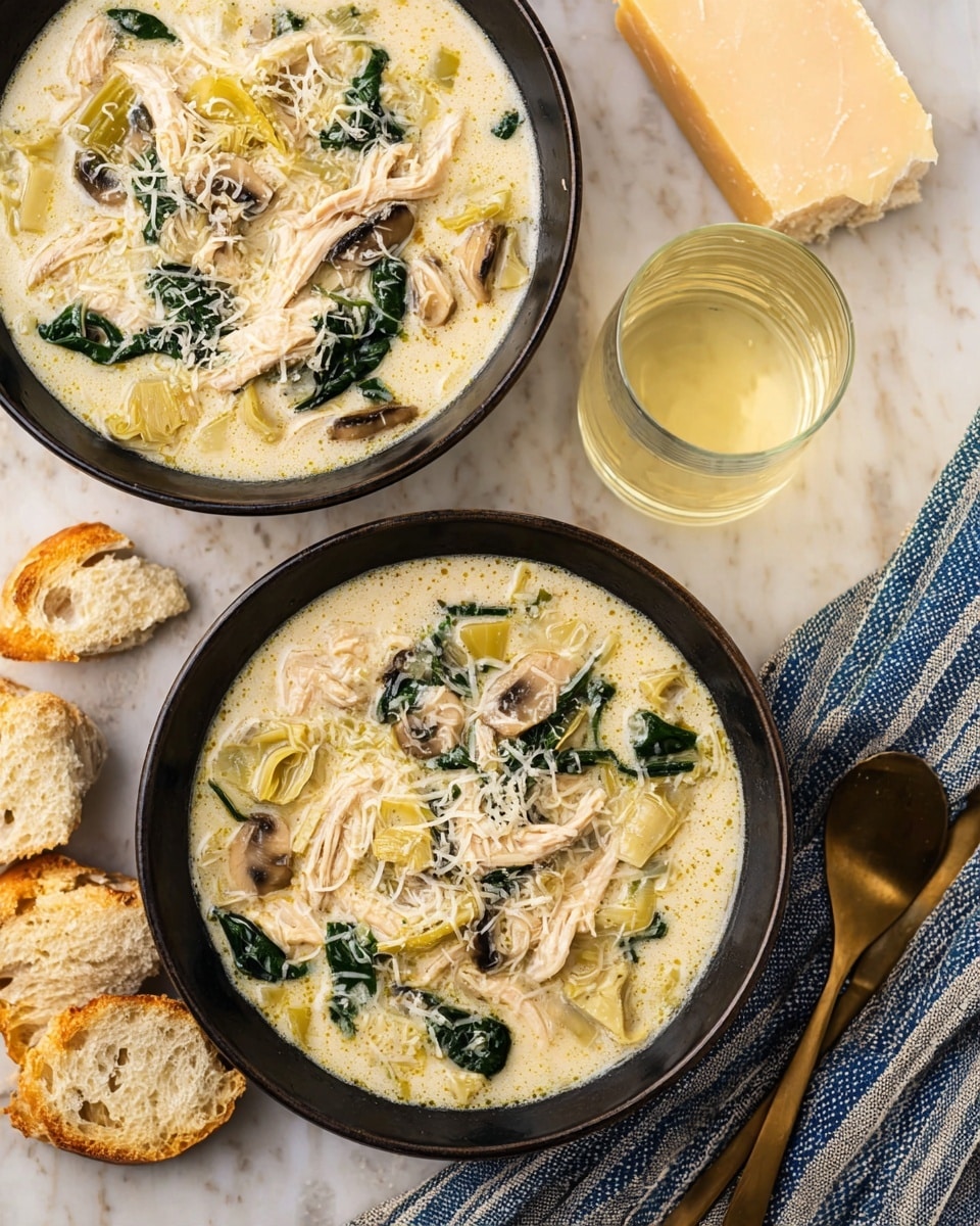Two black bowls sit on a white marbled surface, each filled with a creamy soup with visible layers of shredded light beige chicken, dark green spinach leaves, pale yellow artichoke hearts, and slices of mushrooms. The soup is topped with light yellow grated cheese. Around the bowls, pieces of torn golden brown bread are scattered, with a clear glass of light yellow liquid nearby and a folded towel with blue and white stripes beside one bowl. photo taken with an iphone --ar 4:5 --v 7