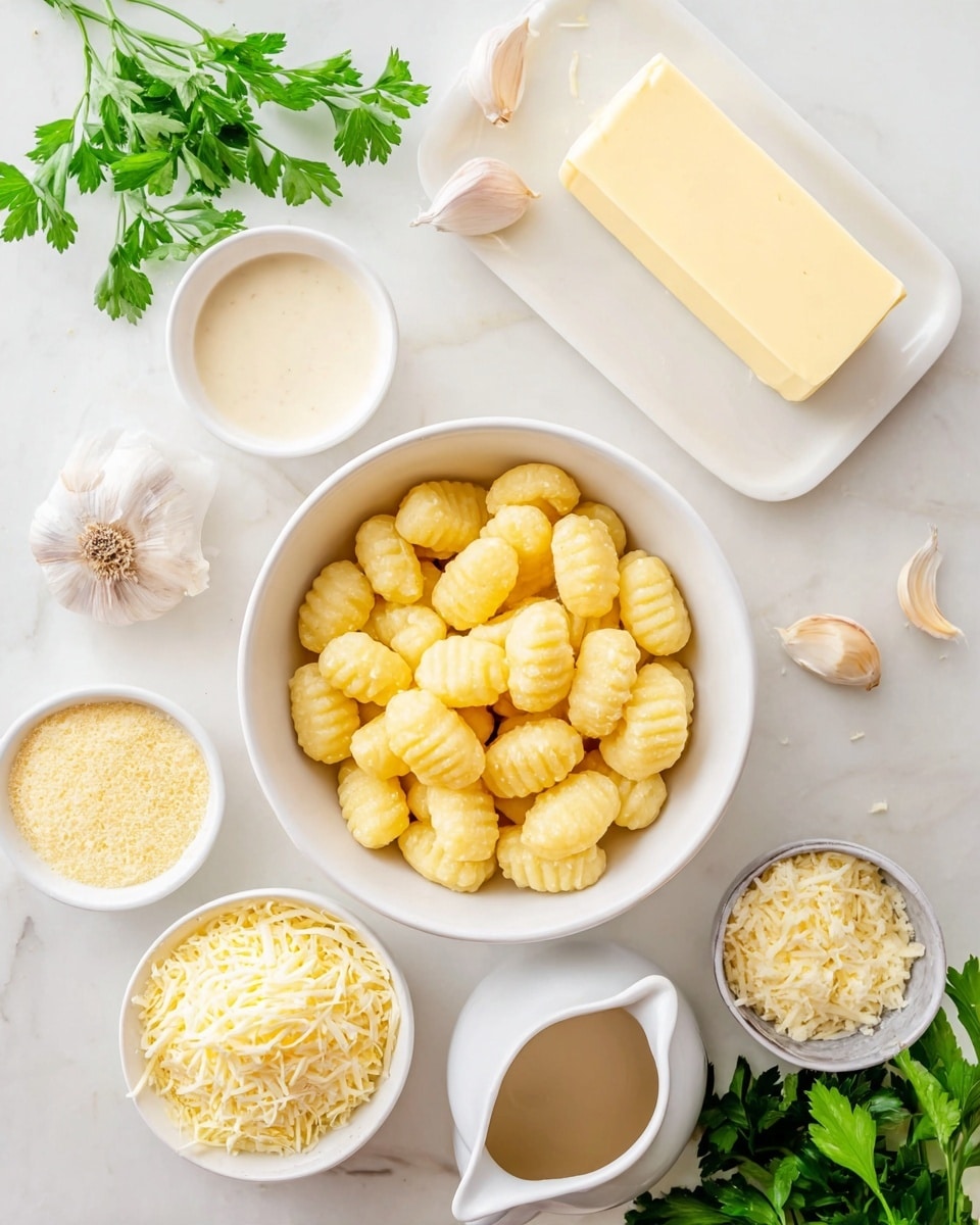 A white bowl filled with round, yellow gnocchi with small ridges is centered on a white marbled surface. Around it, there are small white bowls holding shredded light yellow cheese, grated pale yellow cheese, and finely ground pale yellow cheese. Nearby, a white dish contains a rectangular stick of light yellow butter. Two white small pitchers hold light brown sauce and light yellow cream. Fresh green parsley leaves and two pieces of white garlic sit near the top left. The arrangement is bright and clean. photo taken with an iphone --ar 4:5 --v 7