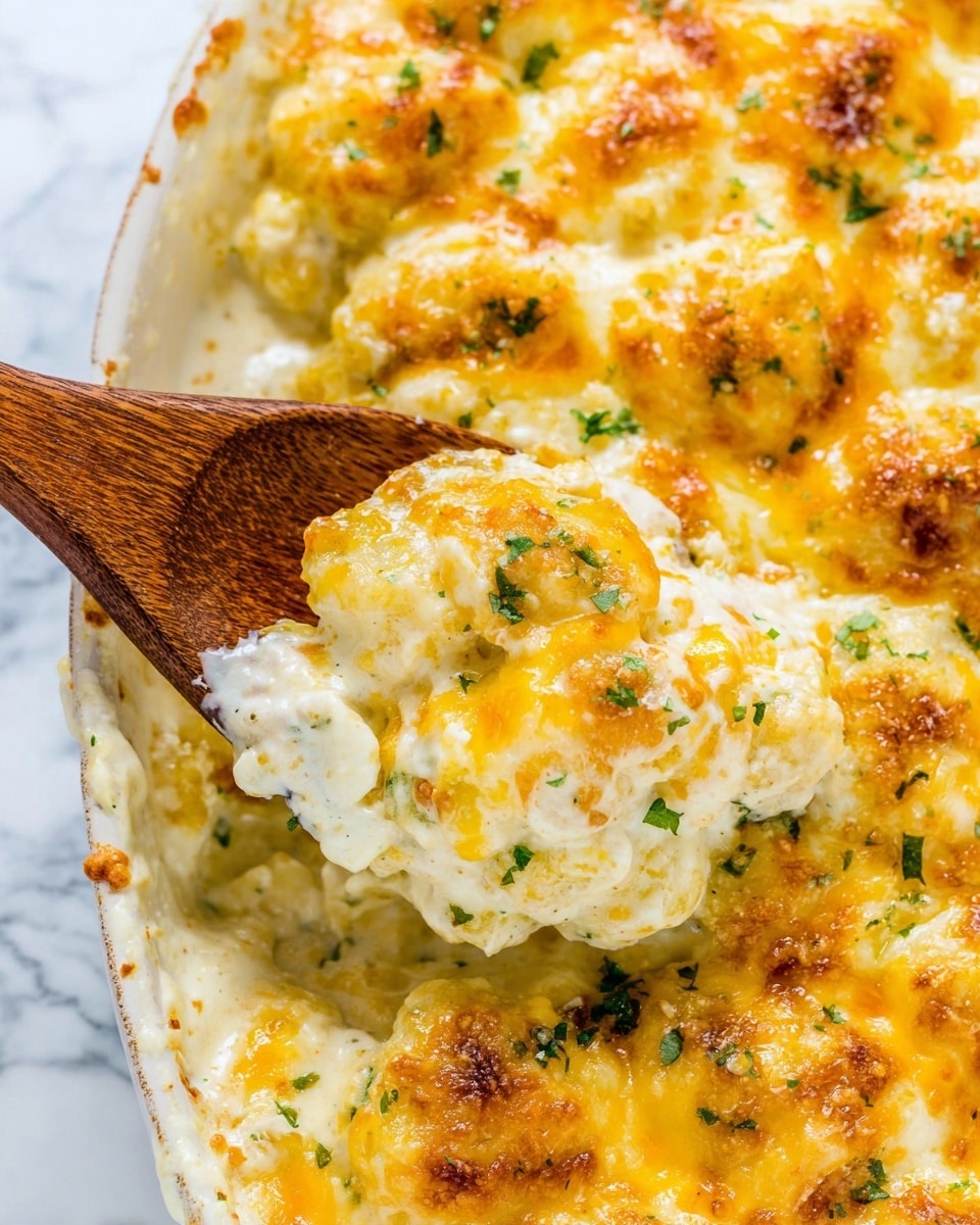 A close-up view of a cheesy dish with a wooden spoon lifting a scoop, showing multiple layers of browned, melted yellow and white cheese on top. The dish consists of small, round pieces covered in creamy white sauce with gooey melted cheese on them, sprinkled with small bits of green herbs. The background has a white marbled texture. photo taken with an iphone --ar 4:5 --v 7