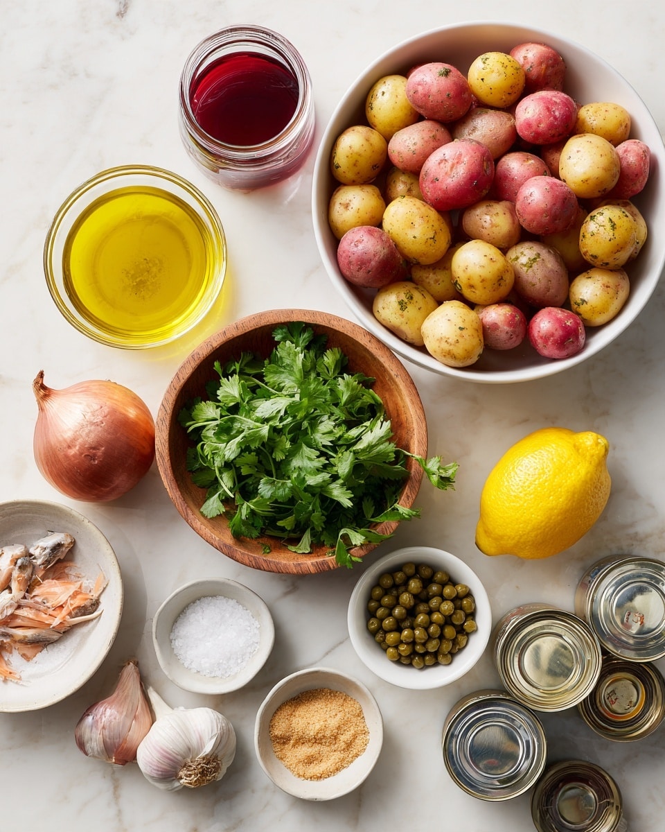 A white bowl filled with a mix of small red and yellow baby potatoes sits on the right side of a white marbled surface. Above it, a small glass jar contains red wine vinegar with a deep red liquid inside. Next to it, another small glass jar is filled with bright golden extra-virgin olive oil. Below, a wooden tray holds various items: in the middle, a small wooden bowl with fresh green cilantro or parsley leaves; to its left, a small white bowl with two garlic cloves; nearby a whole red onion with a shiny, slightly rough skin; a bright yellow lemon with a smooth surface; and a small white bowl with grainy mustard. At the bottom of the tray, a white bowl of green capers and another small bowl with coarse salt are seen. To the left of the olive oil jar, a small white bowl contains dried oregano with a light brown color. Two metal cans of tuna lay on the bottom right of the tray. The whole setup is on a clean white marbled background. photo taken with an iphone --ar 4:5 --v 7