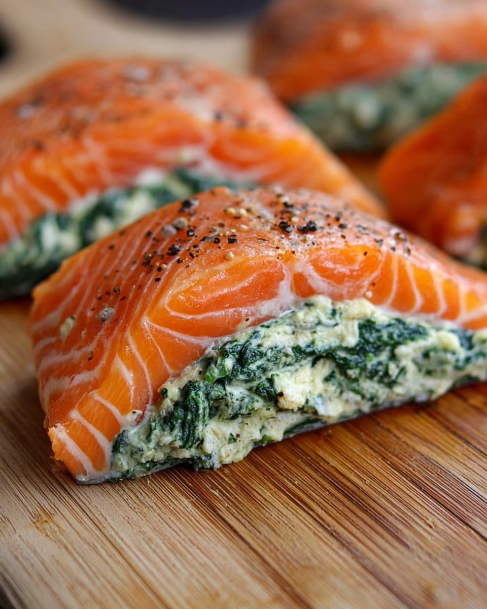 The image shows a close-up of a thick salmon fillet sliced open to reveal a creamy green spinach filling inside. The fish is a bright orange with white marbled lines and small black pepper specks on top. The filling has a textured, slightly chunky look and is packed tightly between the top and bottom layers of salmon. The salmon sits on a wooden surface with a natural grain pattern visible, and another stuffed fillet is partially seen in the background. The photo taken with an iphone --ar 4:5 --v 7