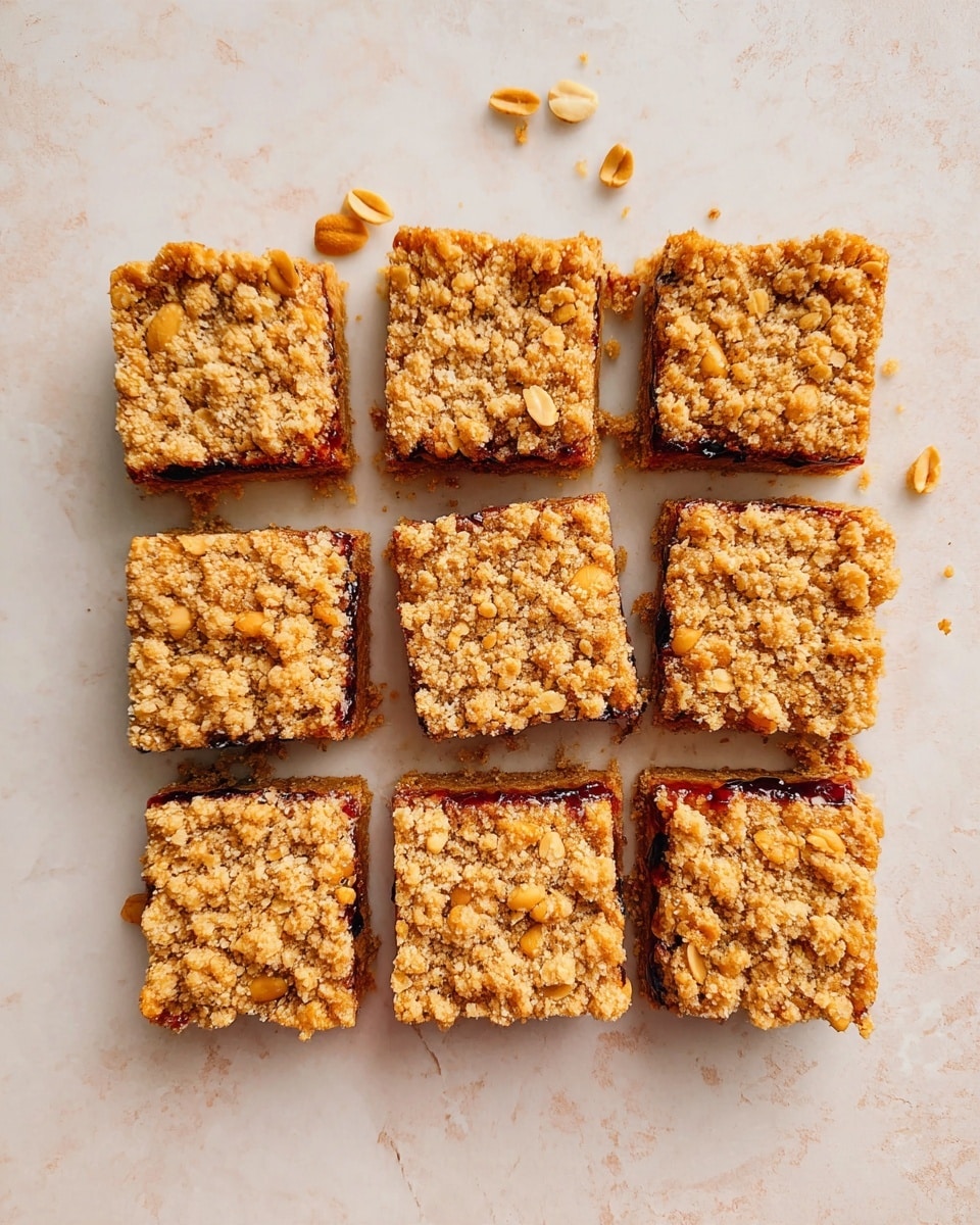 Nine square bars are arranged in three rows on a white marbled surface, each bar having a crumbly light brown top layer with a rough texture made of oats and small nut pieces. Below this crumbly top is a thin, dark red jam layer peeking through in some places, and beneath the jam is a firm light brown base layer that holds the bar together. The bars are cut evenly except for one piece on the bottom left and top left, which are slightly uneven. Small scattered peanuts surround the bars on the surface. photo taken with an iphone --ar 4:5 --v 7